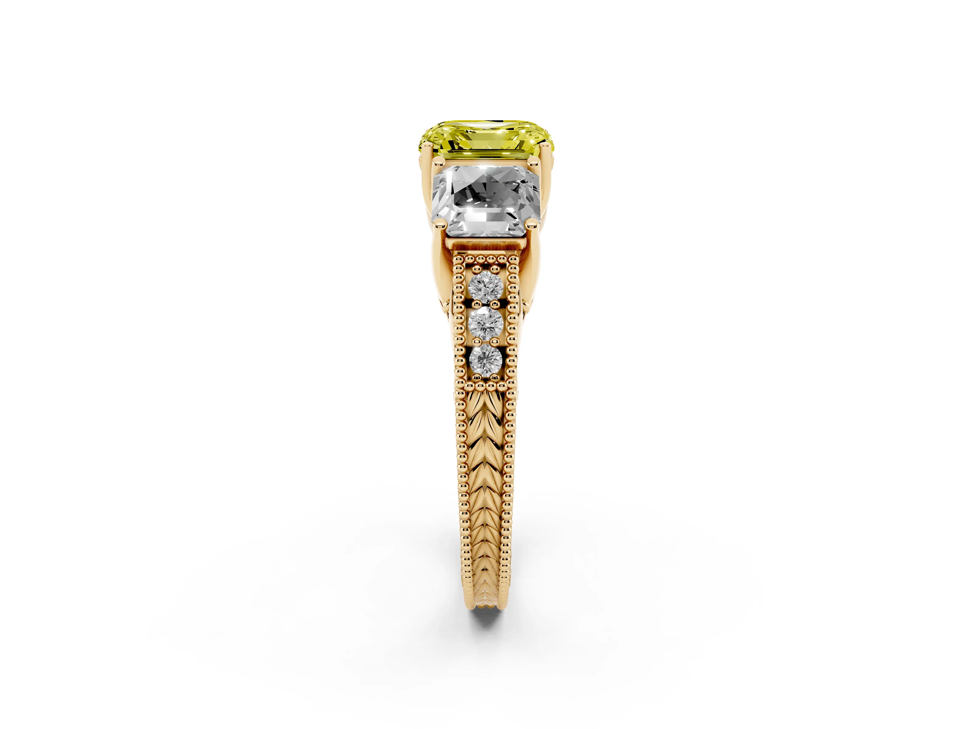 Fancy Yellow Asscher Cut Diamond Three-Stone Engagement Ring Set in Yellow gold with Milgrain Pavé Band