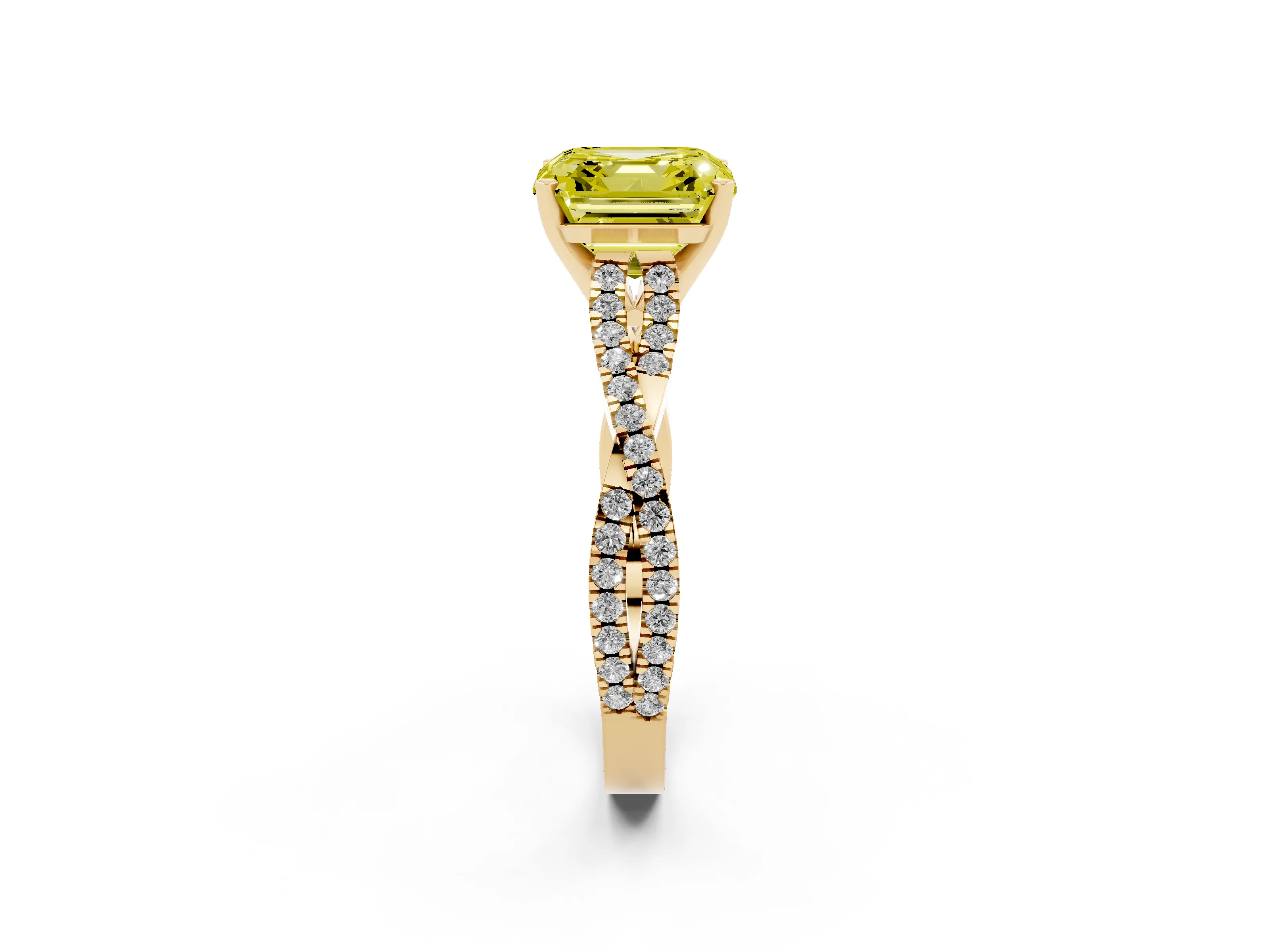 Fancy Yellow Asscher Cut Diamond Solitaire Engagement Ring Set in Yellow gold with Twisted Pavé Band and Prong Setting