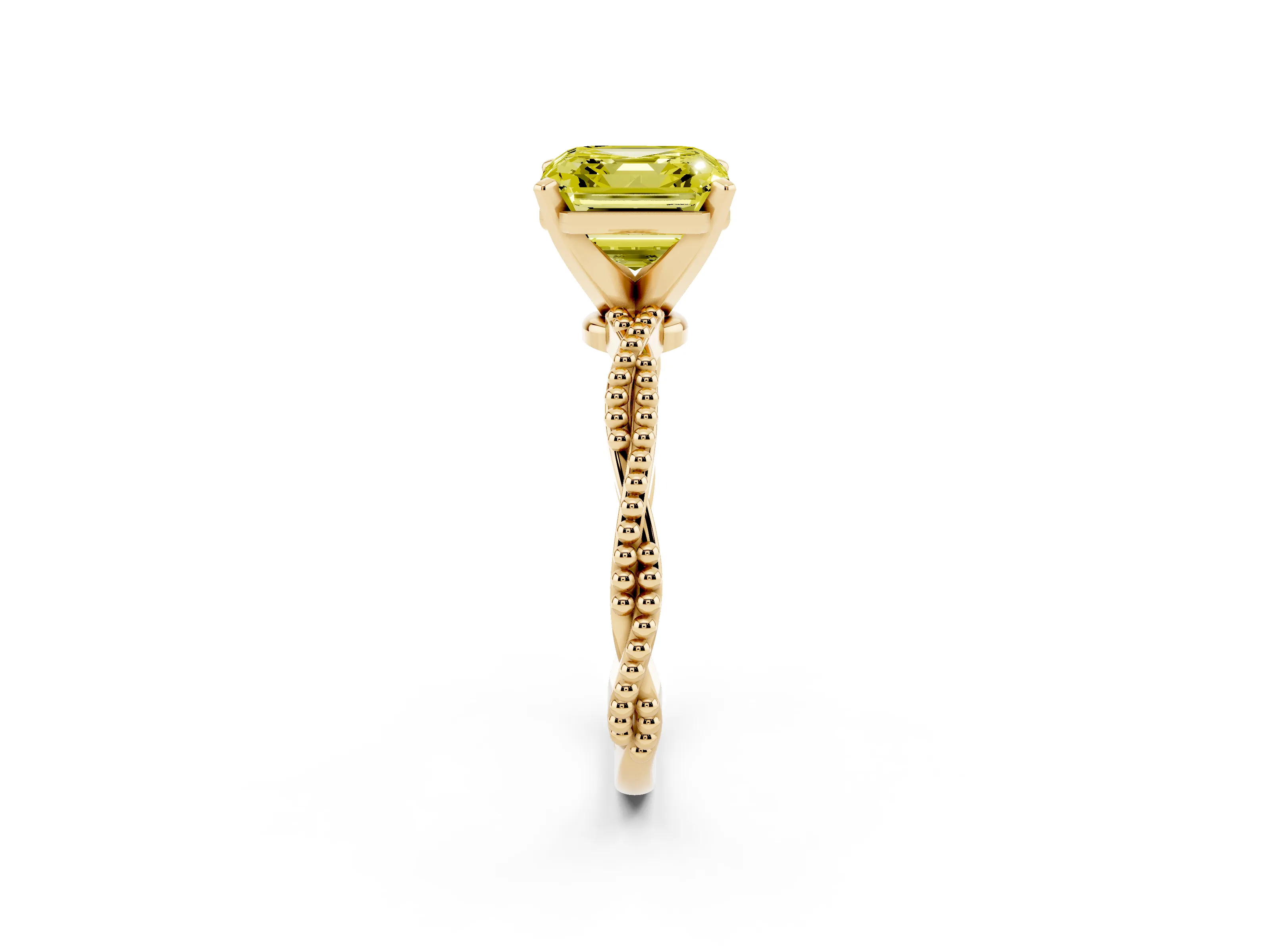 Fancy Yellow Asscher Cut Diamond Solitaire Ring Set in Yellow gold with Twisted Band and Bead Prong Setting