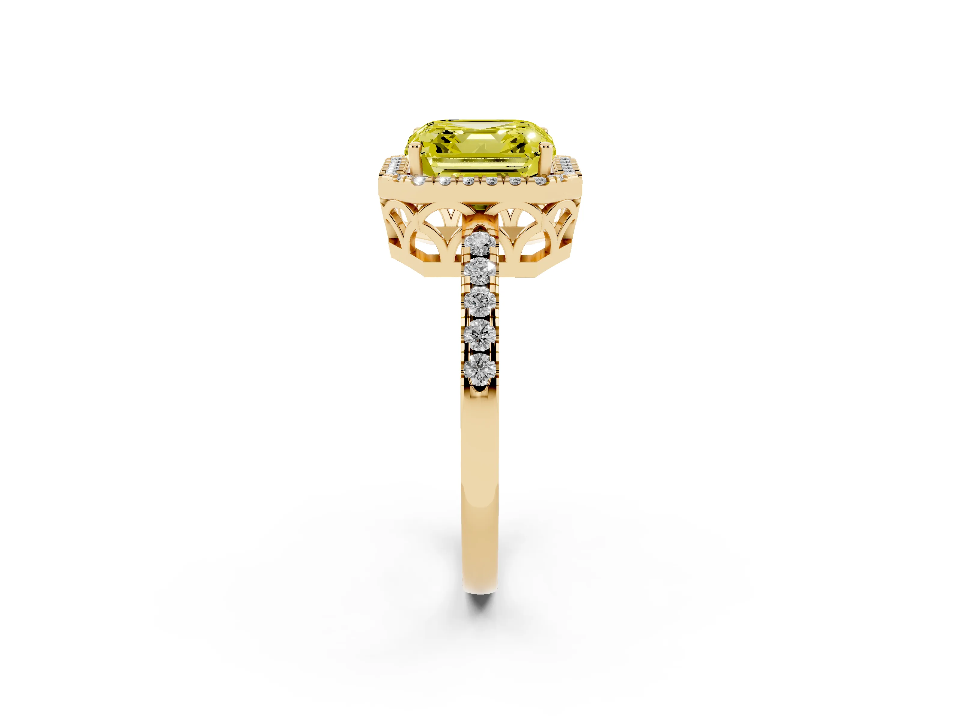 Fancy Yellow Asscher Cut Diamond Pavé Band Halo Engagement Ring Set in Yellow gold with Prong Setting