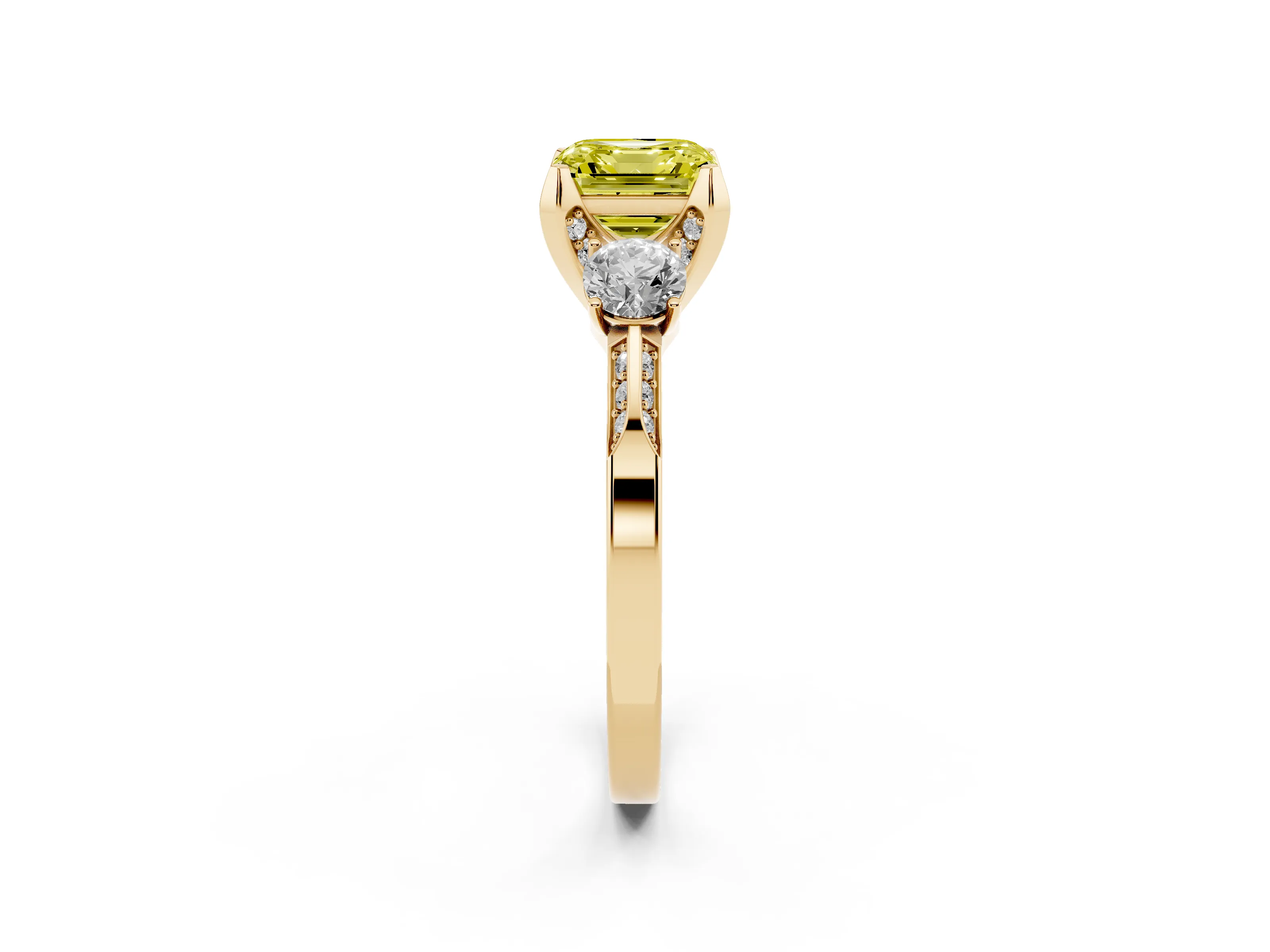 Fancy Yellow Asscher Cut Diamond Three-Stone Ring Set in Yellow gold with Pavé Band and Smaller Side Stones