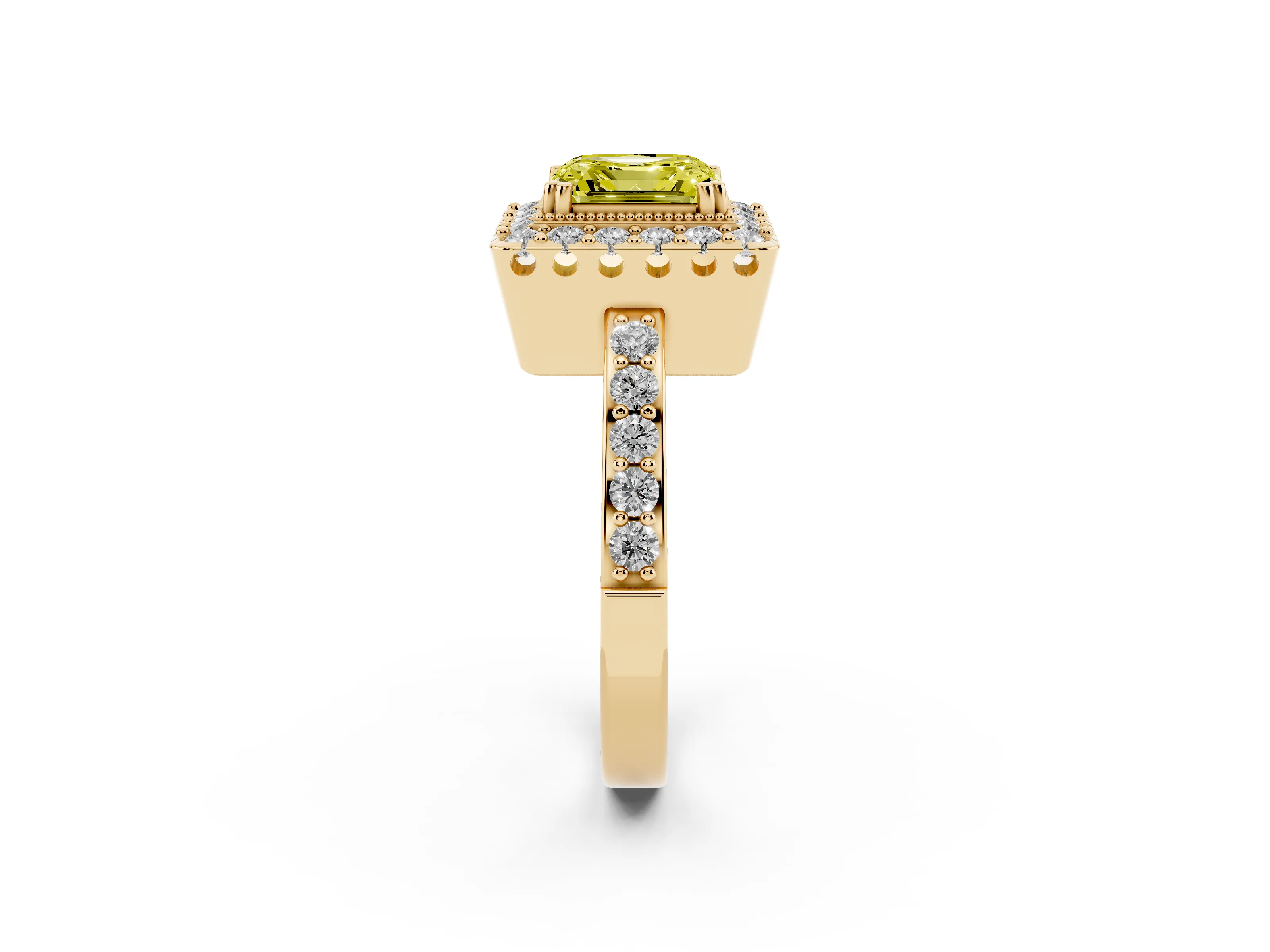 Fancy Yellow Asscher Cut Diamond Halo Ring Set in Yellow gold with Pavé Shank and Prong Setting