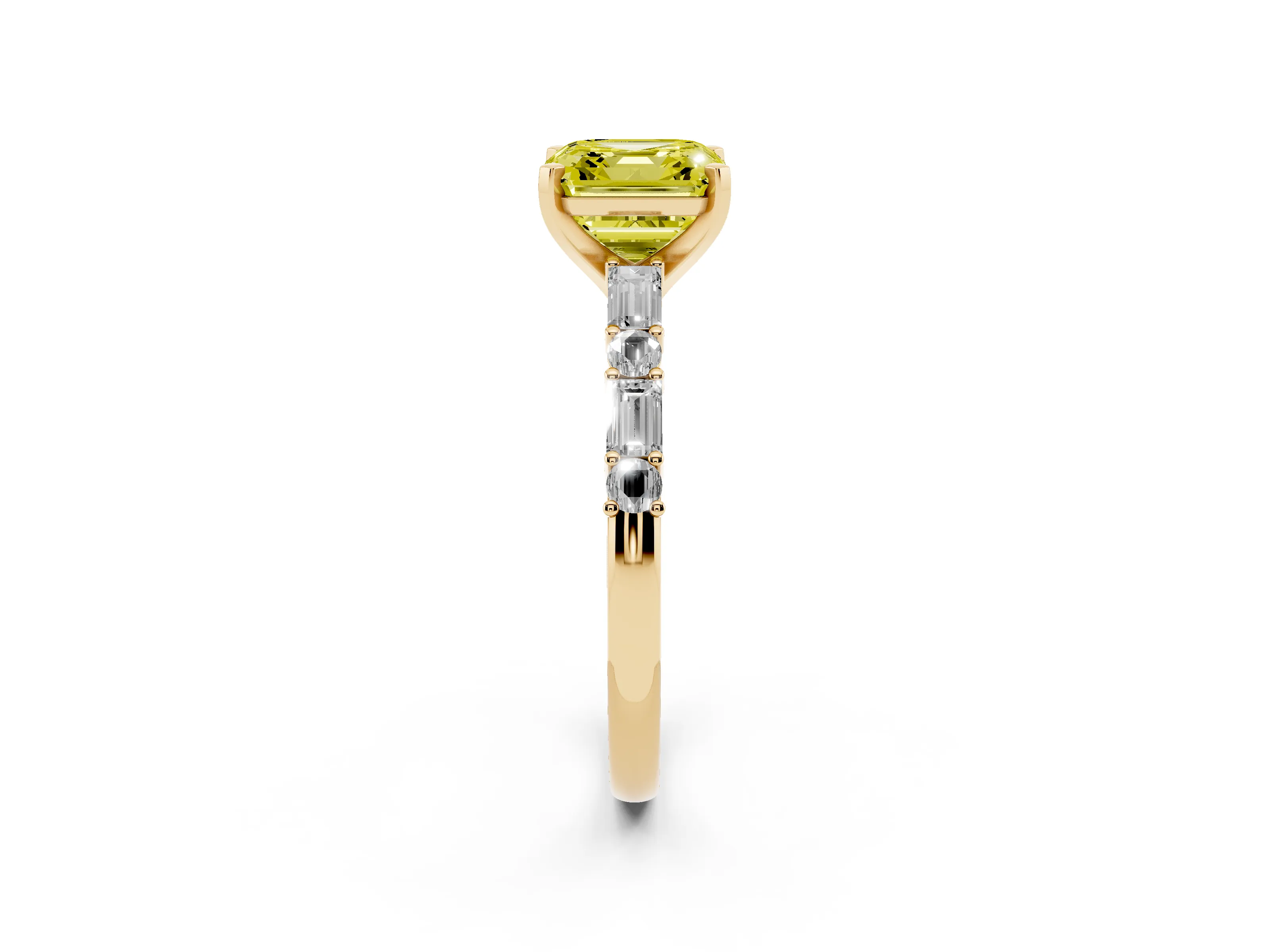 Fancy Yellow Asscher Cut Diamond Solitaire Set in Yellow gold with Side Baguettes and Channel Set Band