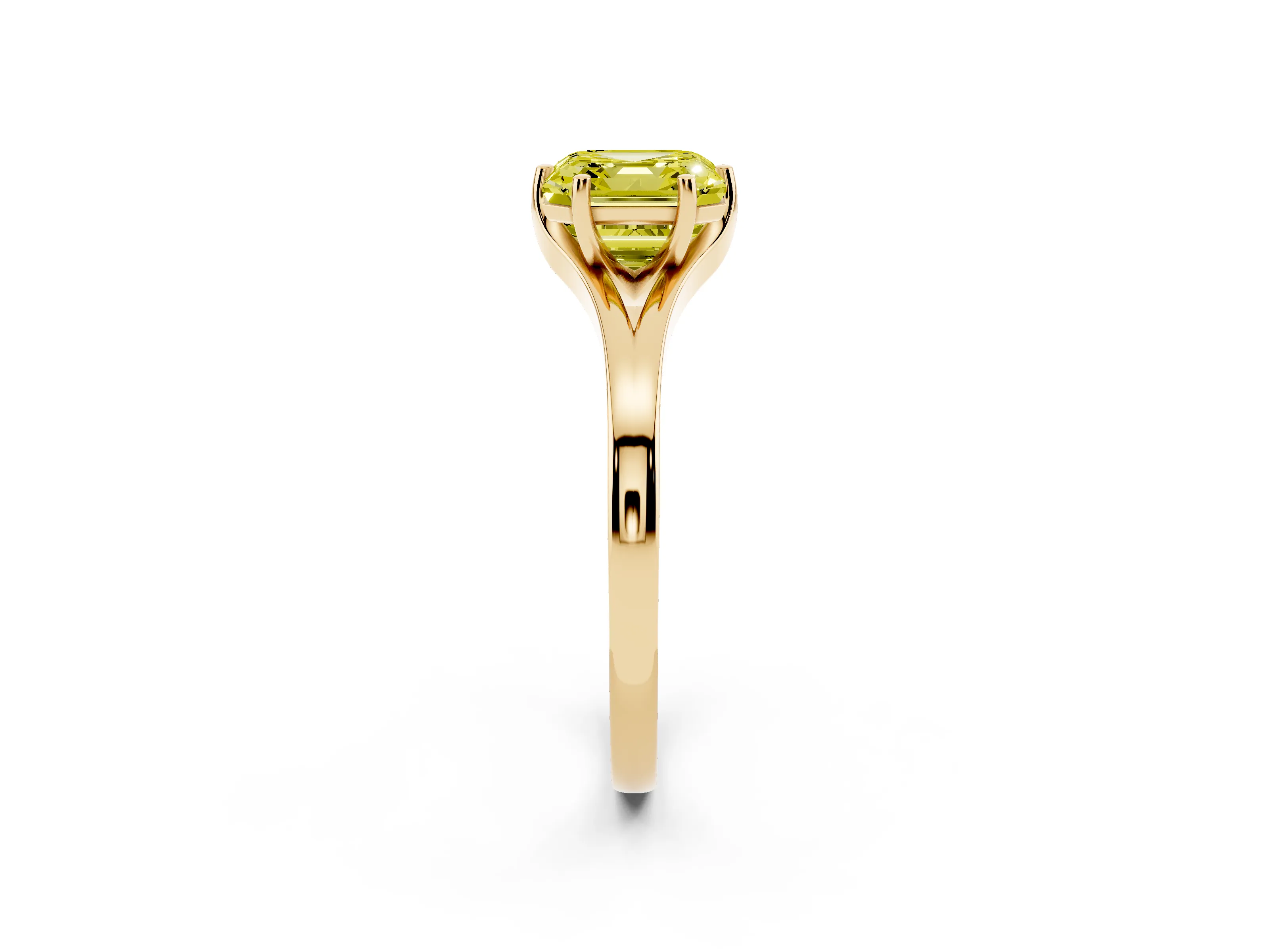 Fancy Yellow Asscher Cut Diamond Solitaire Ring Set in Yellow gold with Polished Tapered Band and Prong Setting