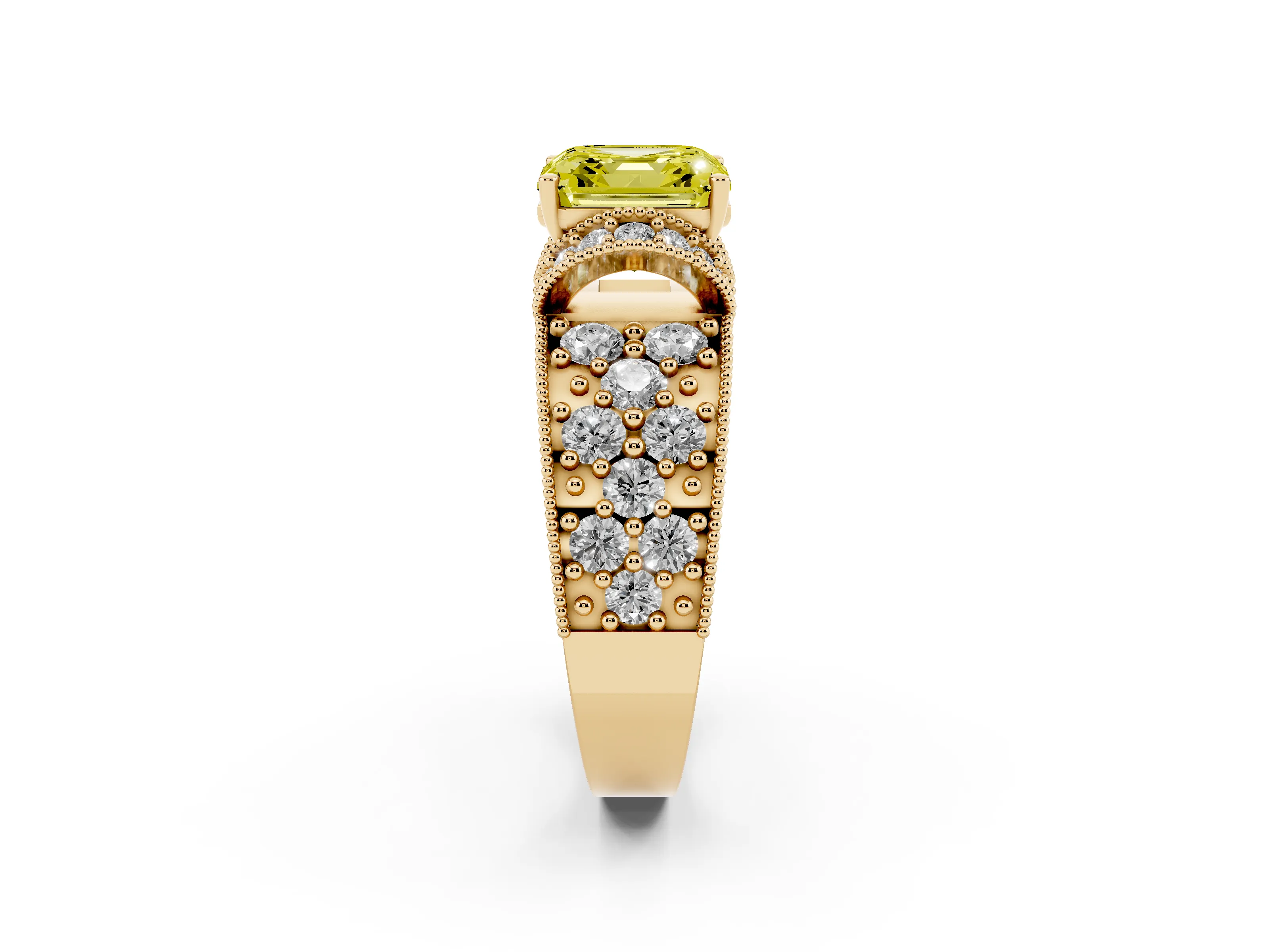 Fancy Yellow Asscher Cut Diamond Milgrain Halo Pavé Engagement Ring Set in Yellow gold with Prong Setting