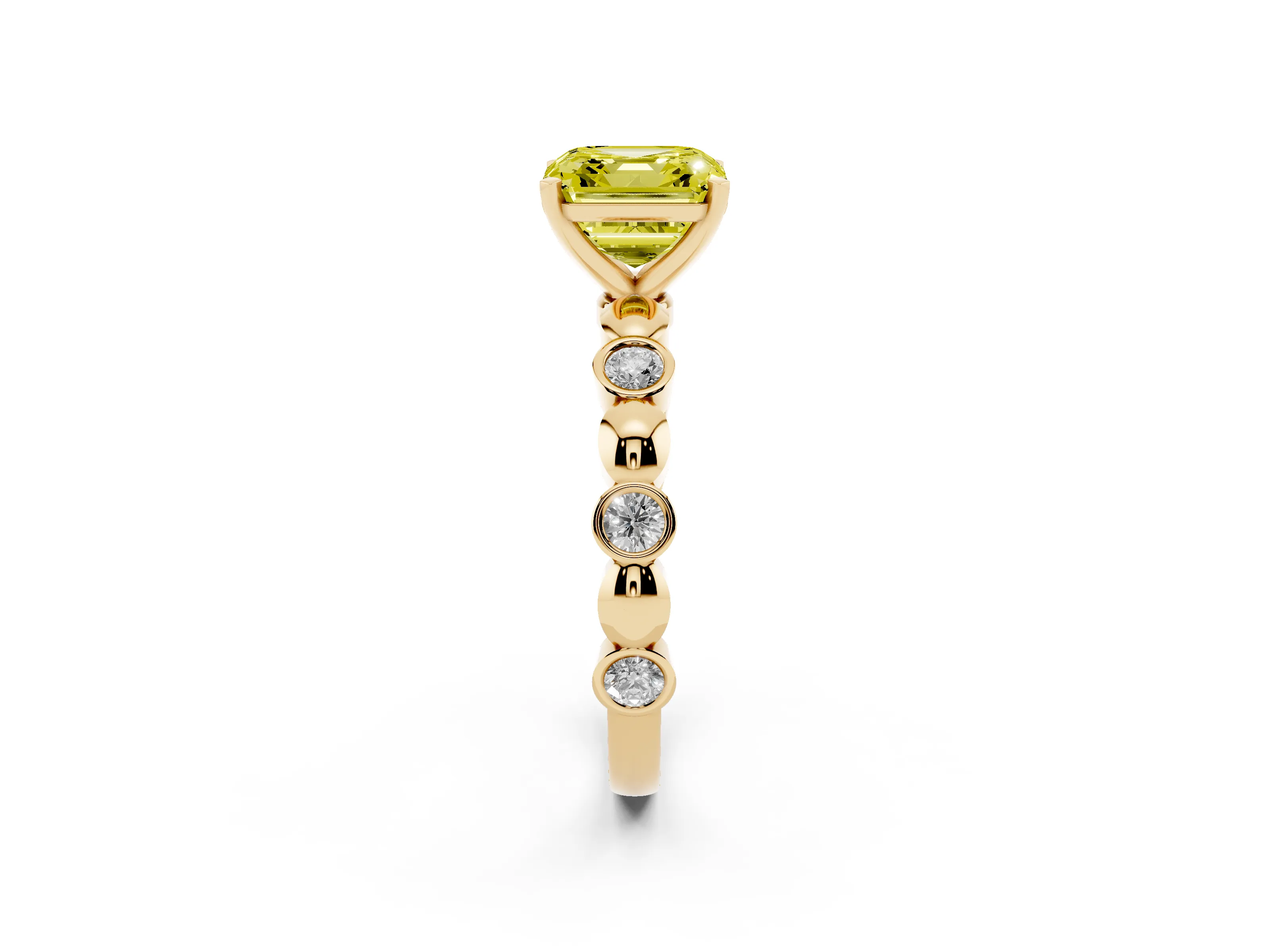 Fancy Yellow Asscher Cut Diamond Solitaire Ring Set in Yellow gold with Bezel-Set Accents on Beaded Band and Prong Setting