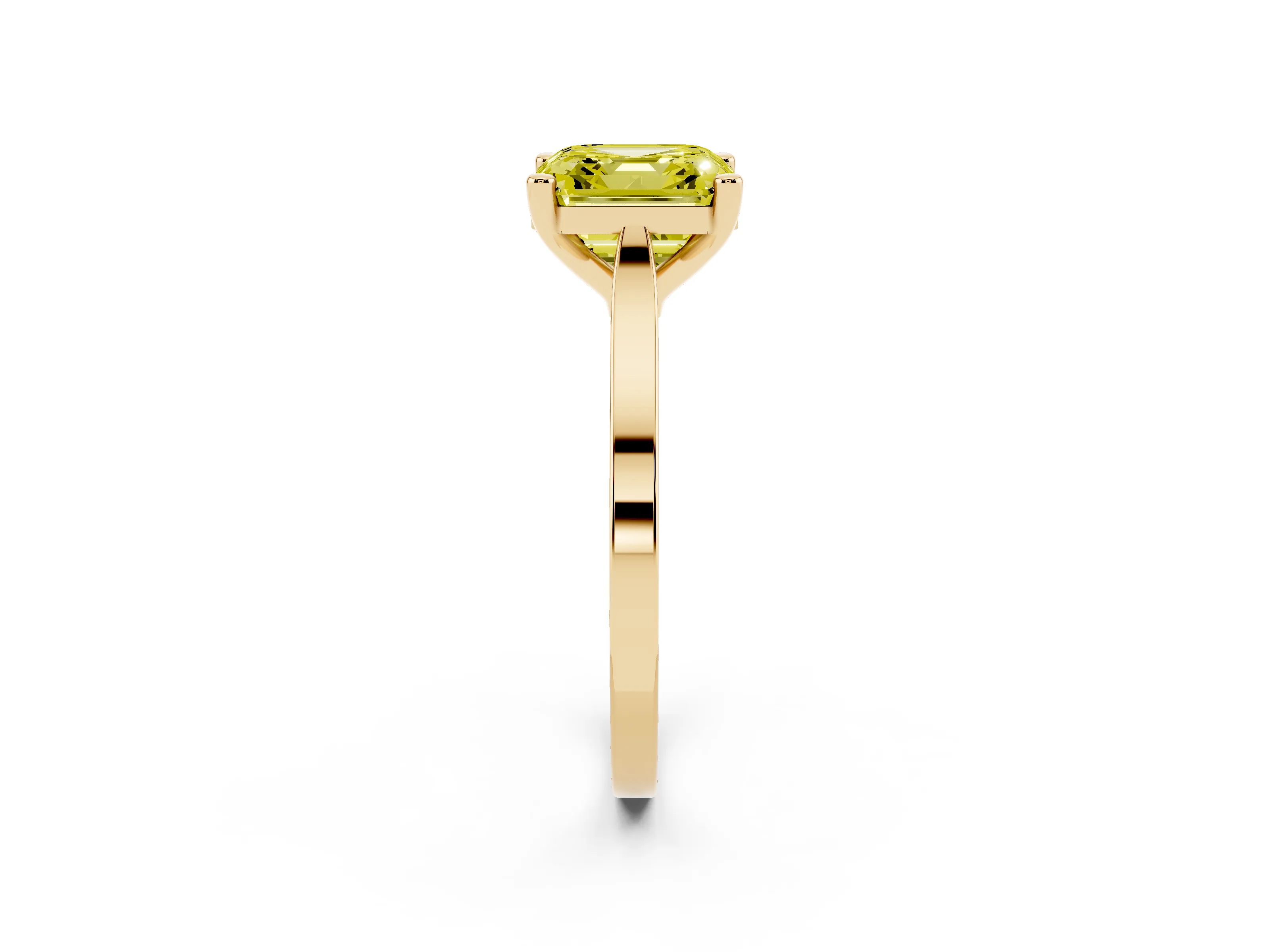 Fancy Yellow Asscher Cut Diamond Solitaire Ring Set in Yellow gold with Prong Setting and Tapered Band