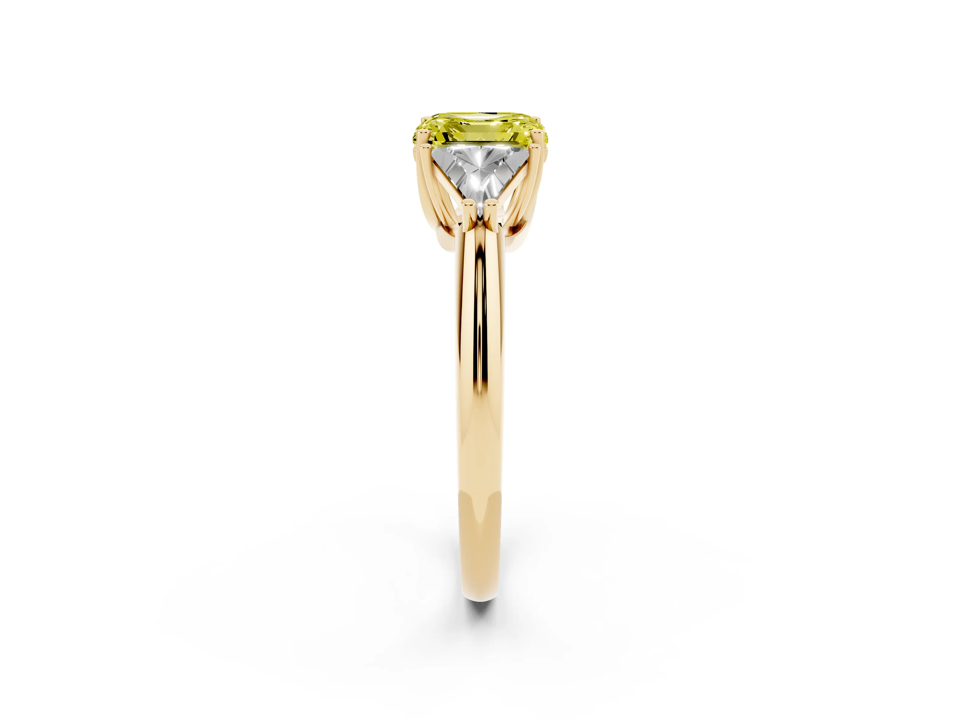 Fancy Yellow Asscher Cut Diamond Three-Stone Engagement Ring Set in Yellow gold with Trillion Side Stones