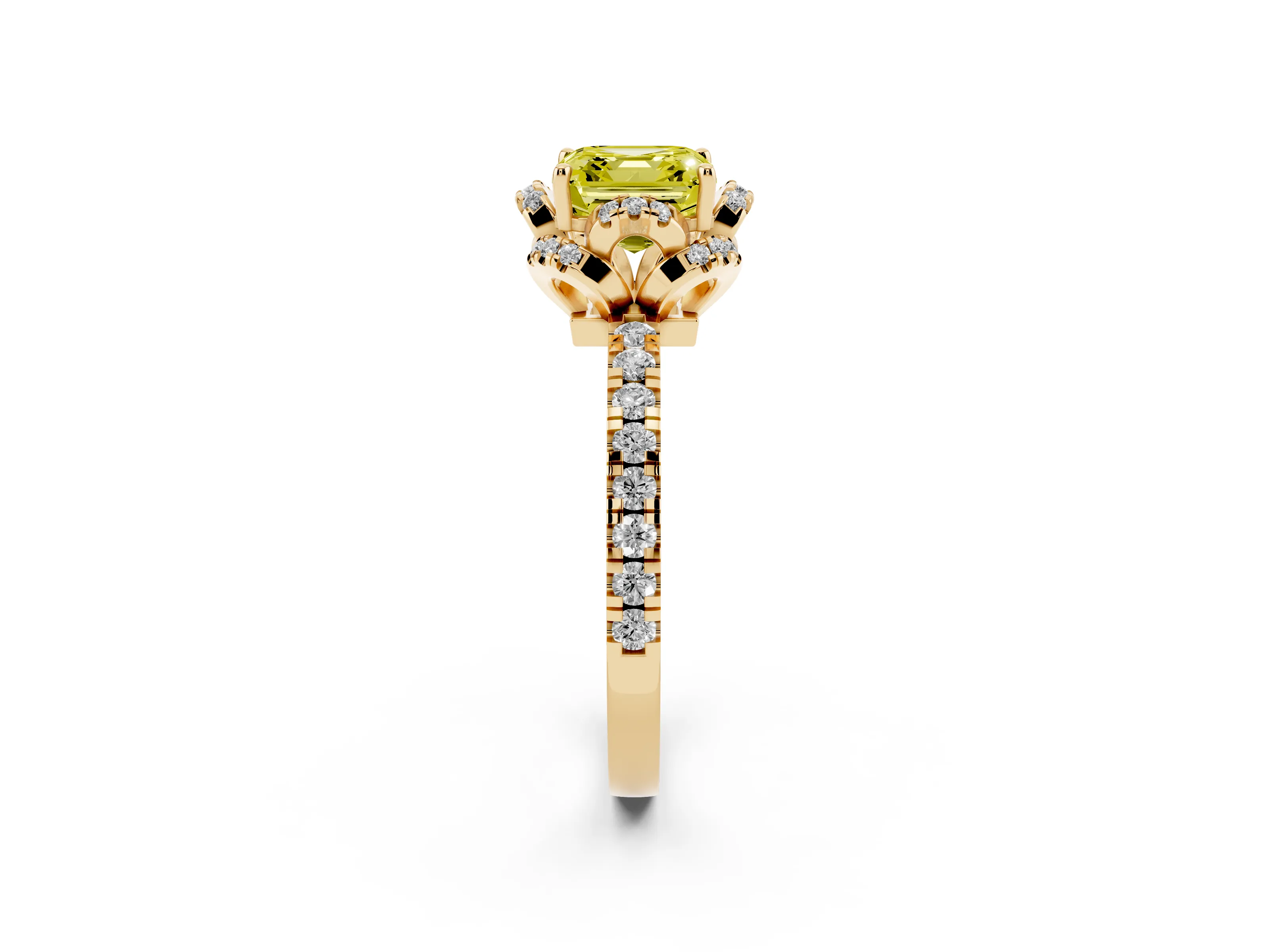 Fancy Yellow Asscher Cut Diamond Halo Pavé Ring Set in Yellow gold with Prong-Held Center Stone