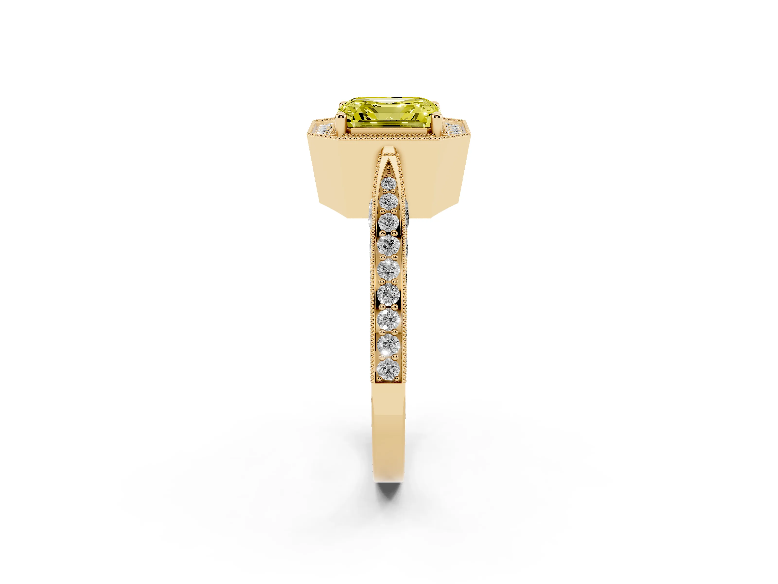 Fancy Yellow Asscher Cut Diamond Halo Engagement Ring Set in Yellow gold with Accent Split Shank Band