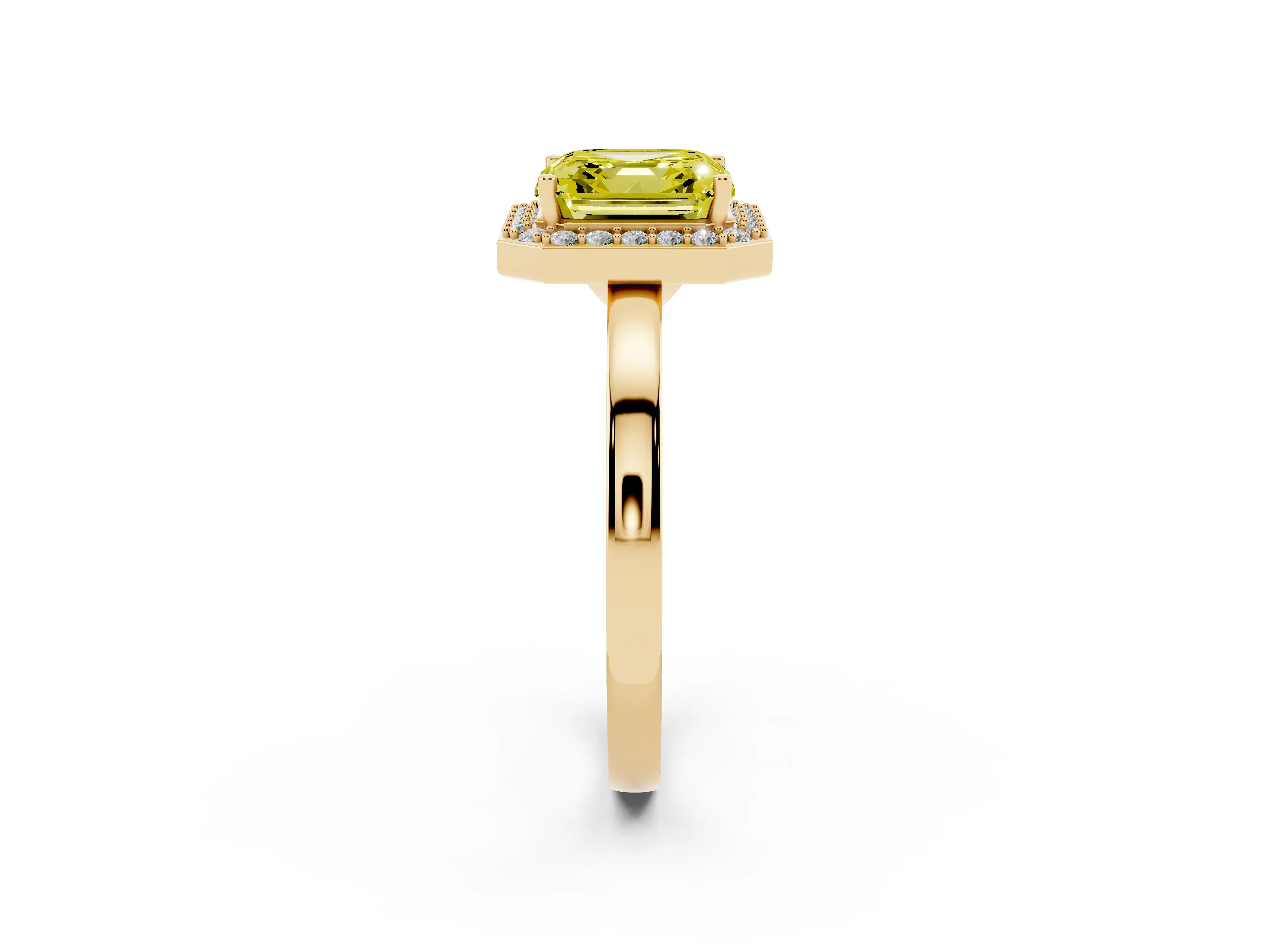 Fancy Yellow Asscher Cut Diamond Halo Ring Set in Yellow gold with Solitaire Band and Prong Setting