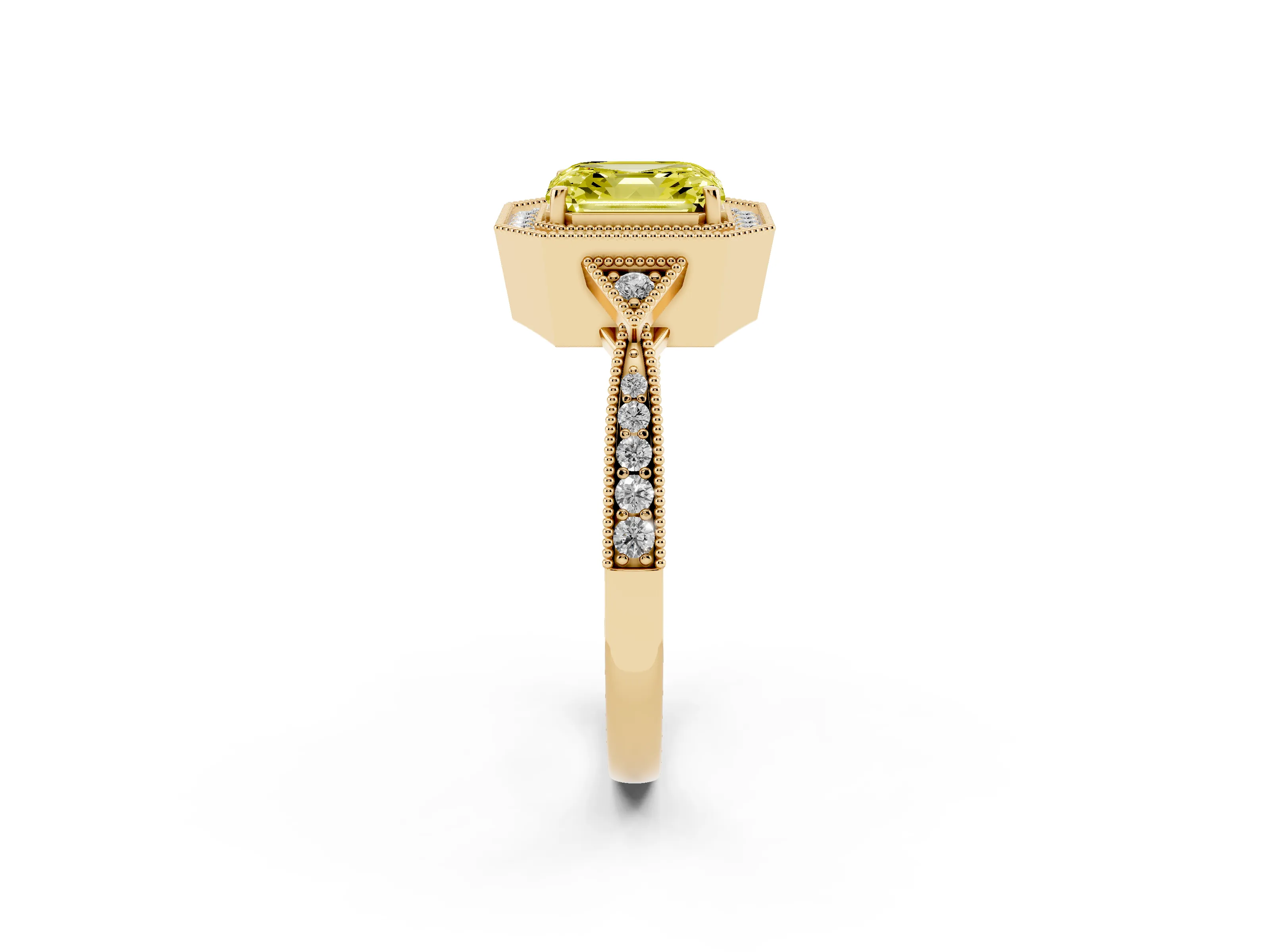 Fancy Yellow Asscher Cut Diamond Halo Engagement Ring Set in Yellow gold with Milgrain Pavé Band
