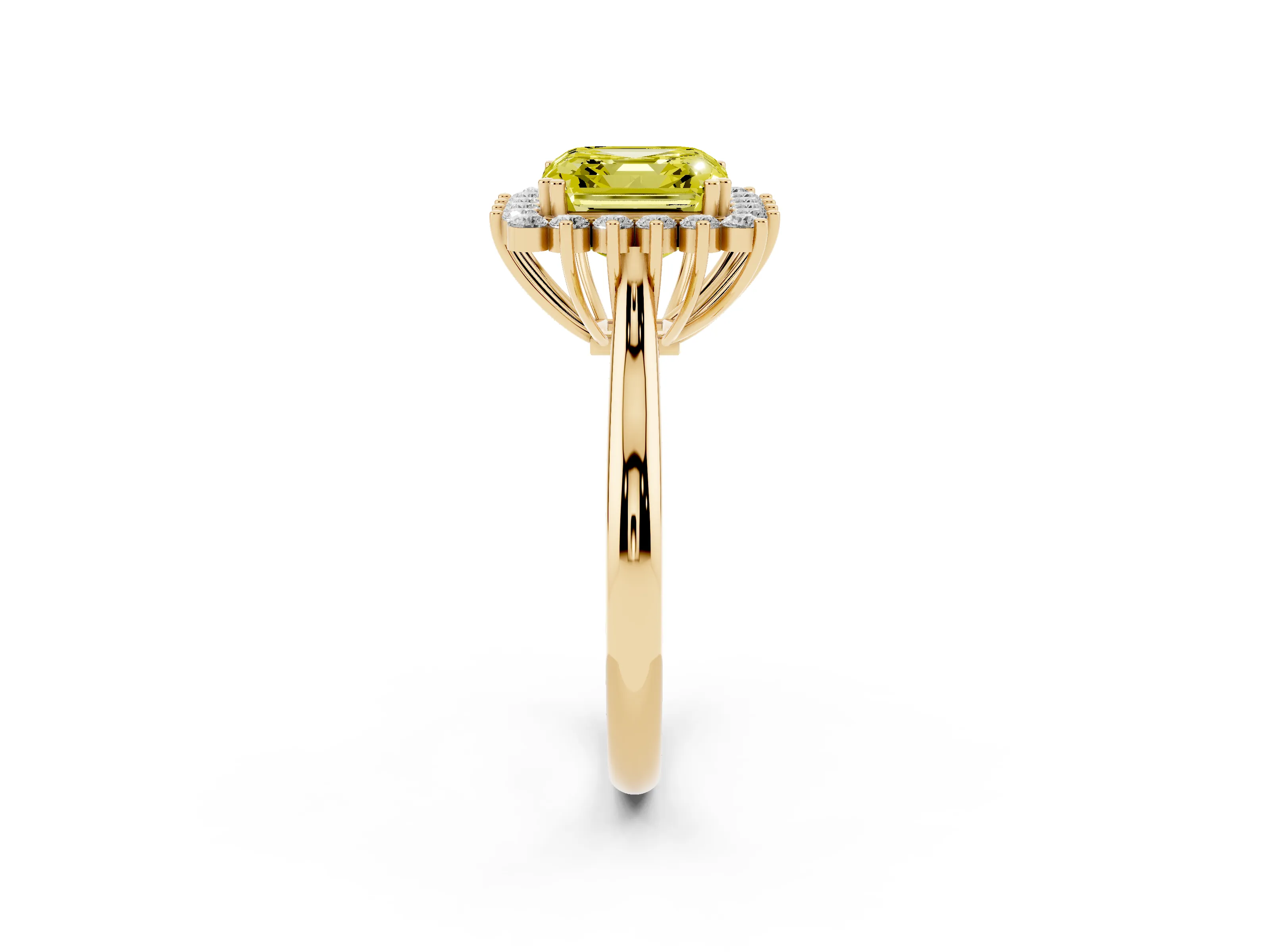 Fancy Yellow Asscher Cut Diamond Halo Ring Set in Yellow gold with Plain Solitaire Band and Prong Setting