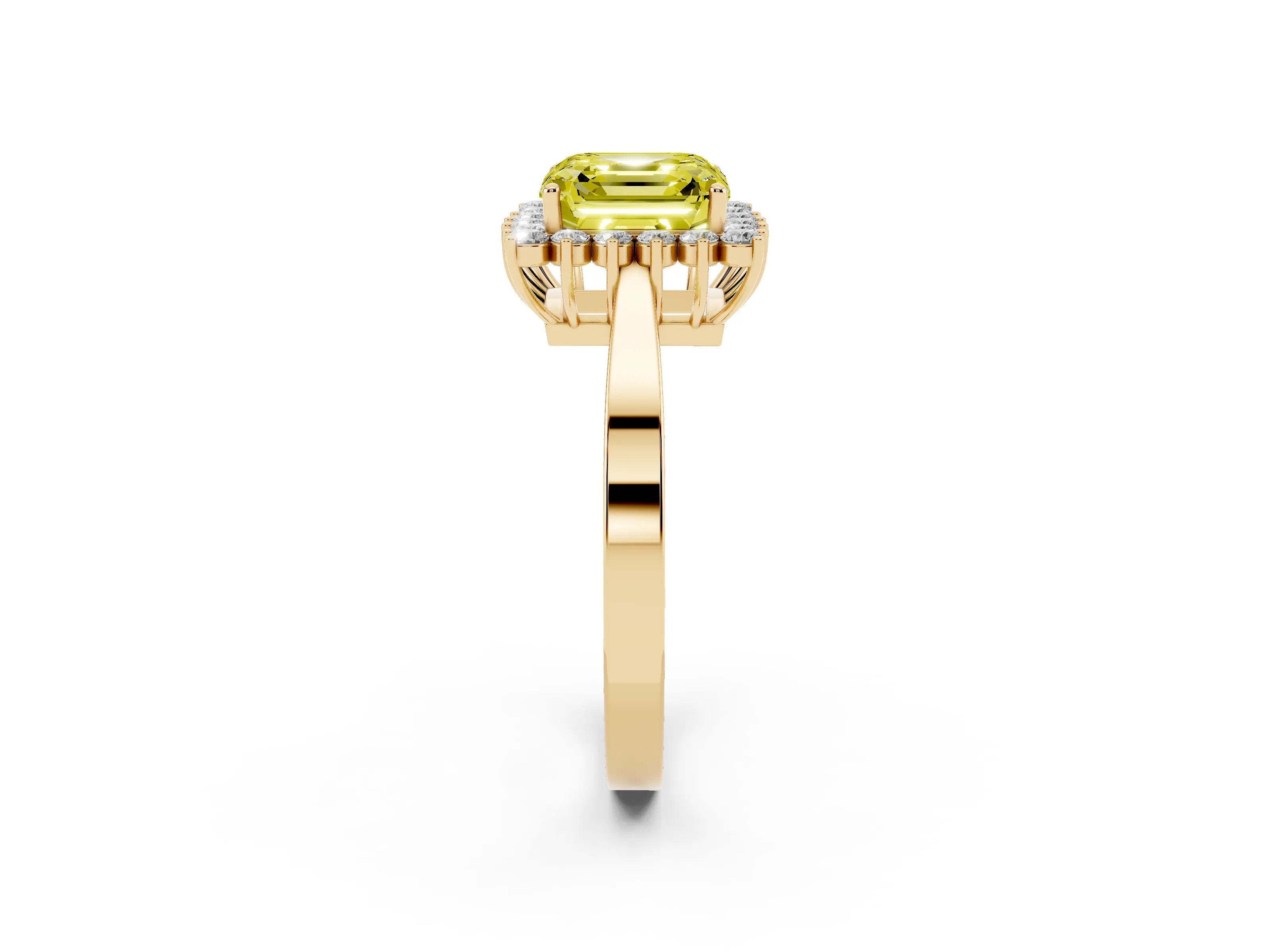 Fancy Yellow Asscher Cut Diamond Halo Ring Set in Yellow gold with Round Halo and Smooth Solitaire Band