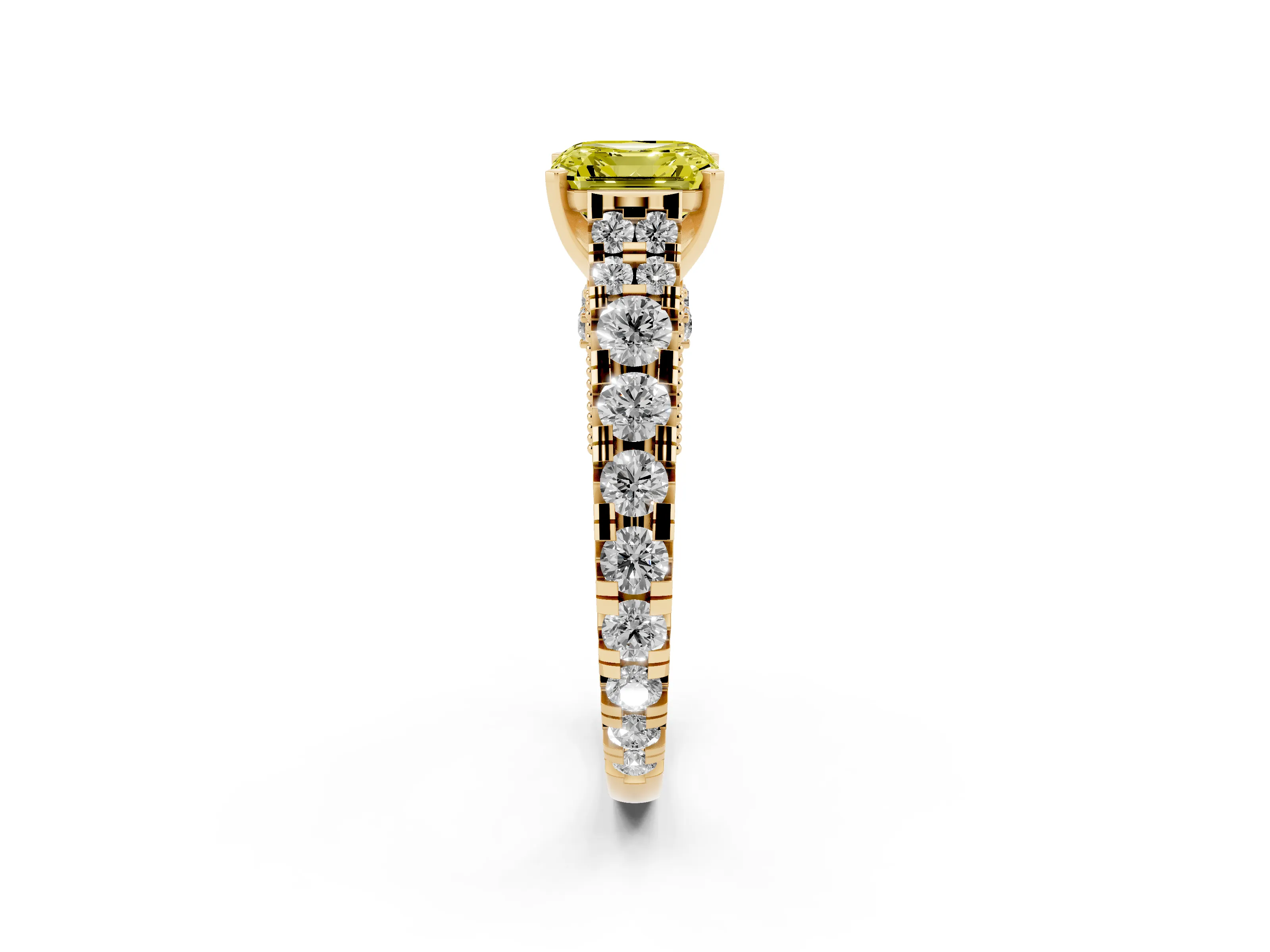 Fancy Yellow Asscher Cut Diamond Classic Solitaire Ring Set in Yellow gold with Pavé Band and Prong Setting