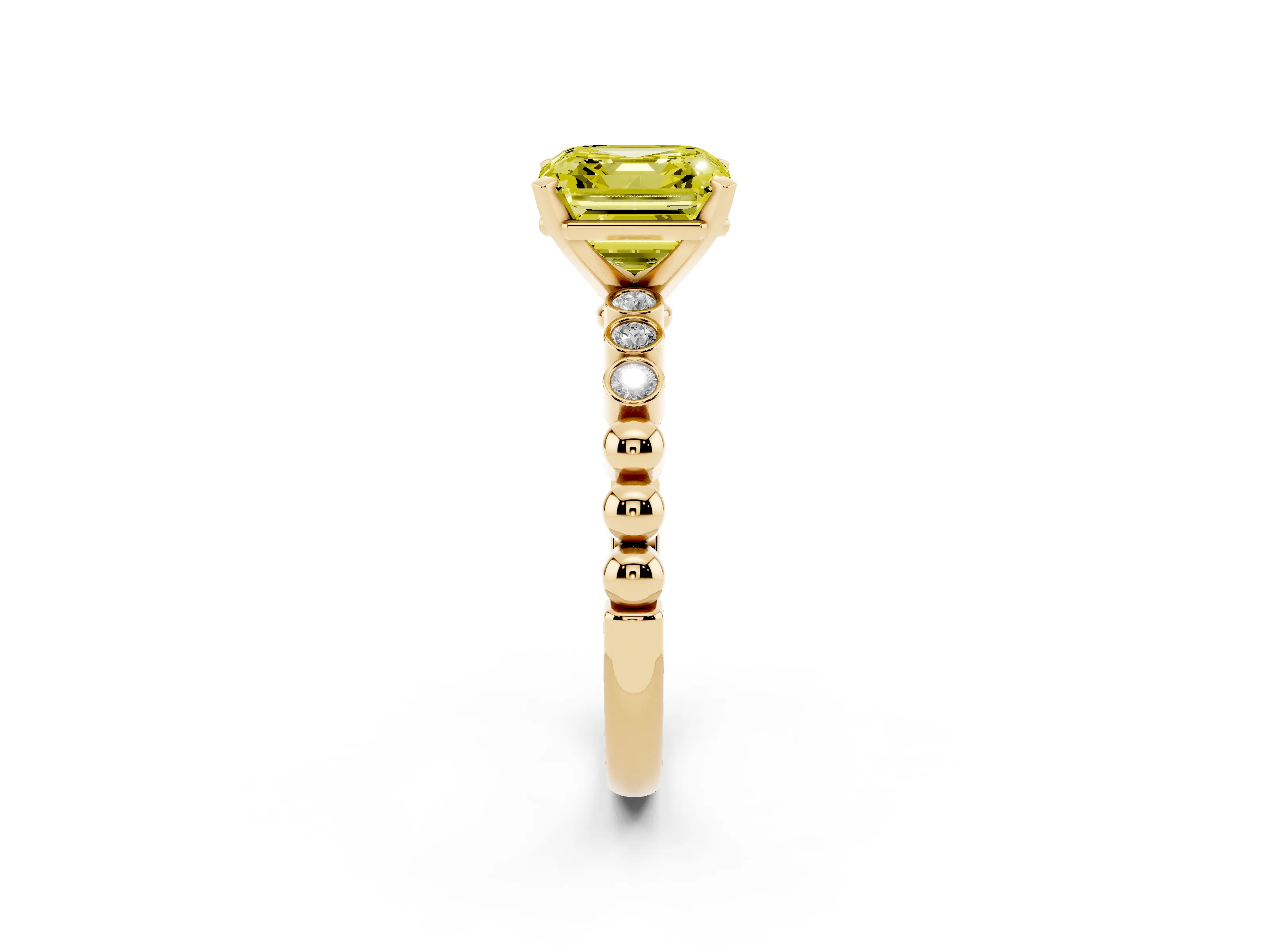 Fancy Yellow Asscher Cut Diamond Solitaire Engagement Ring Set in Yellow gold with Bezel Accents on Beaded Band