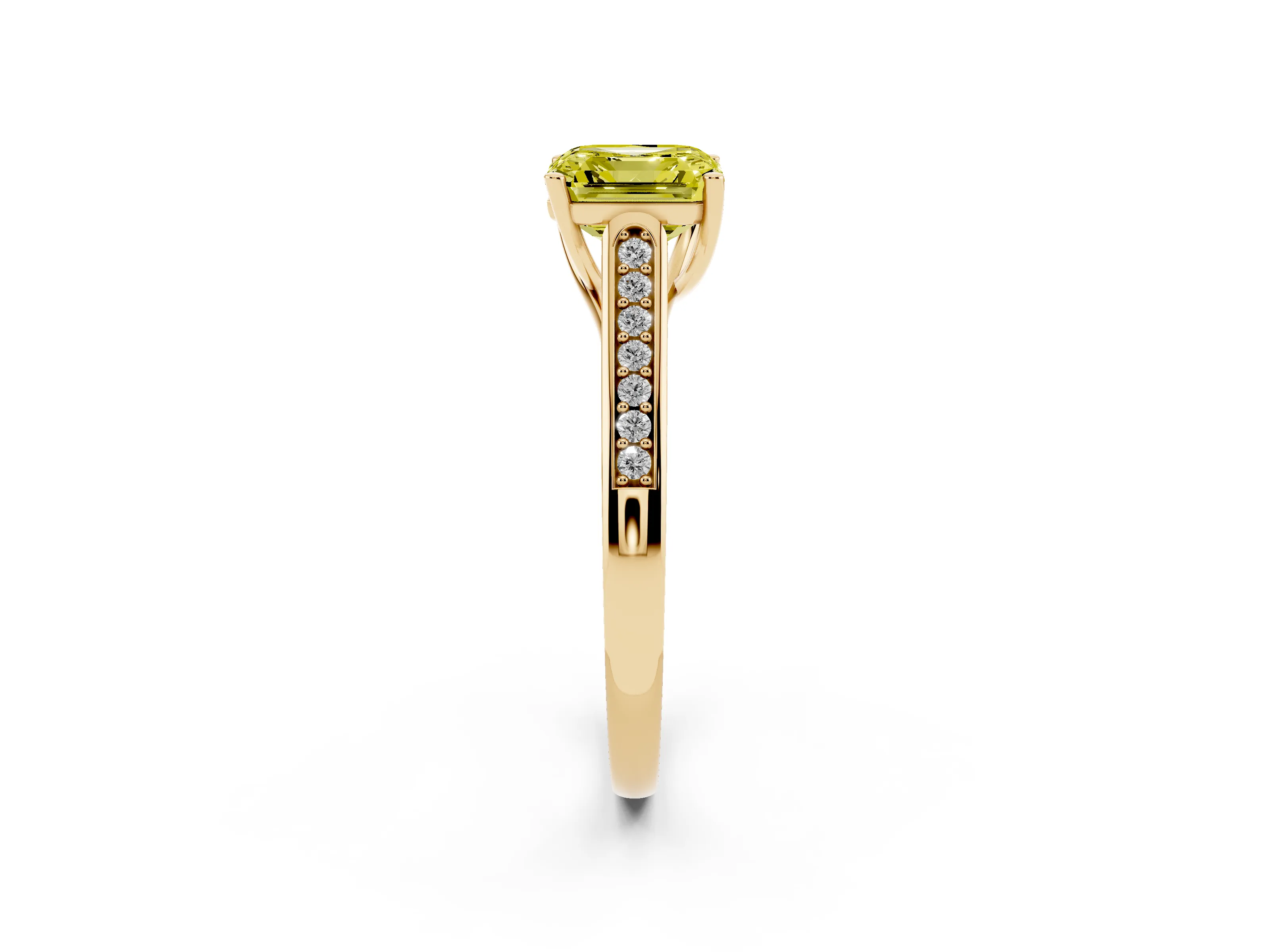 Fancy Yellow Asscher Cut Diamond Solitaire Cathedral Engagement Ring Set in Yellow gold with Channel-Set Band and Prong Setting
