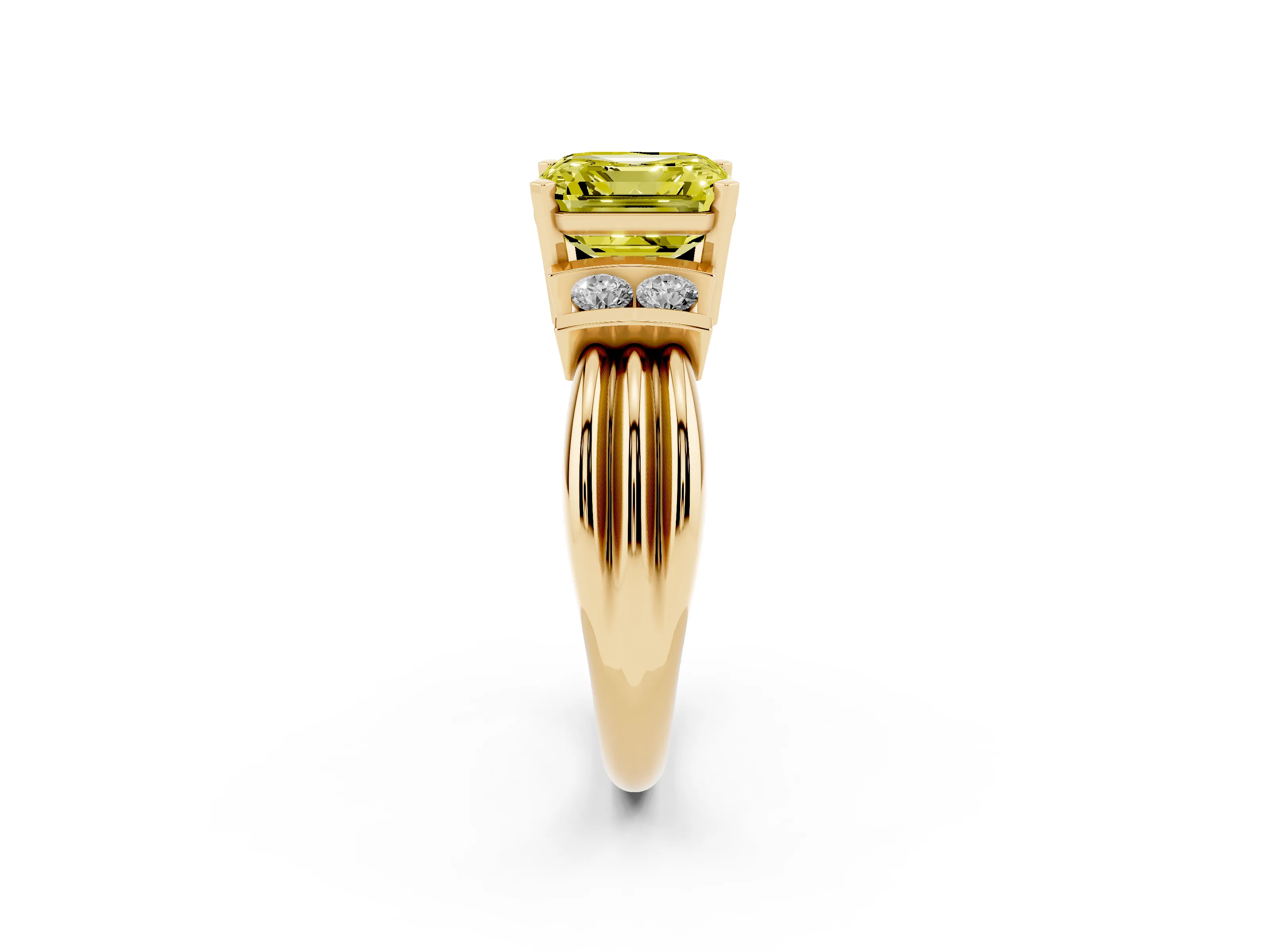 Fancy Yellow Three-Stone Asscher Cut Diamond Channel Set Ring Set in Yellow gold with Bar Prongs