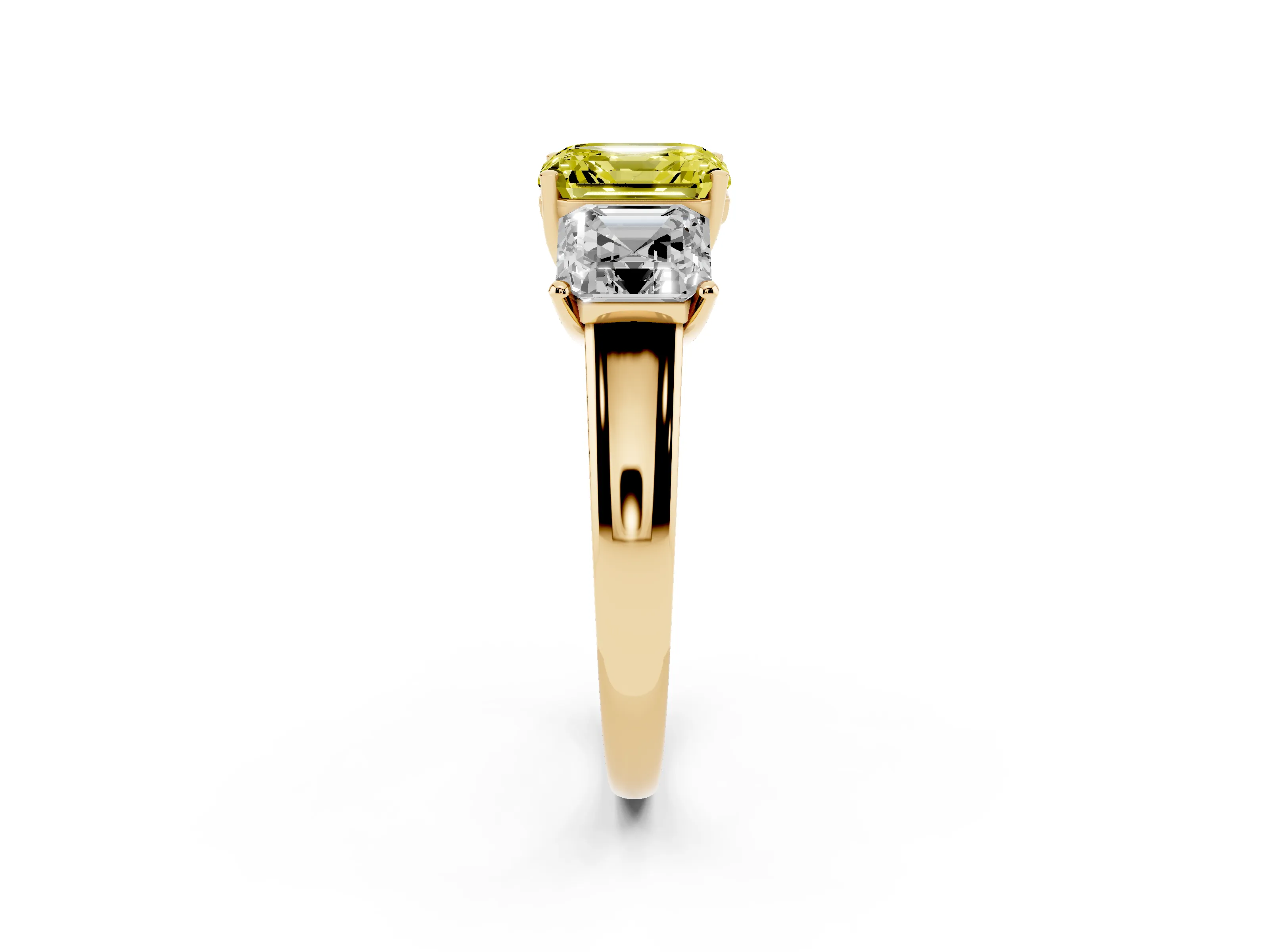 Fancy Yellow Asscher Cut Diamond Three-Stone Ring Set in Yellow gold with Classic Prong Setting and Plain Band