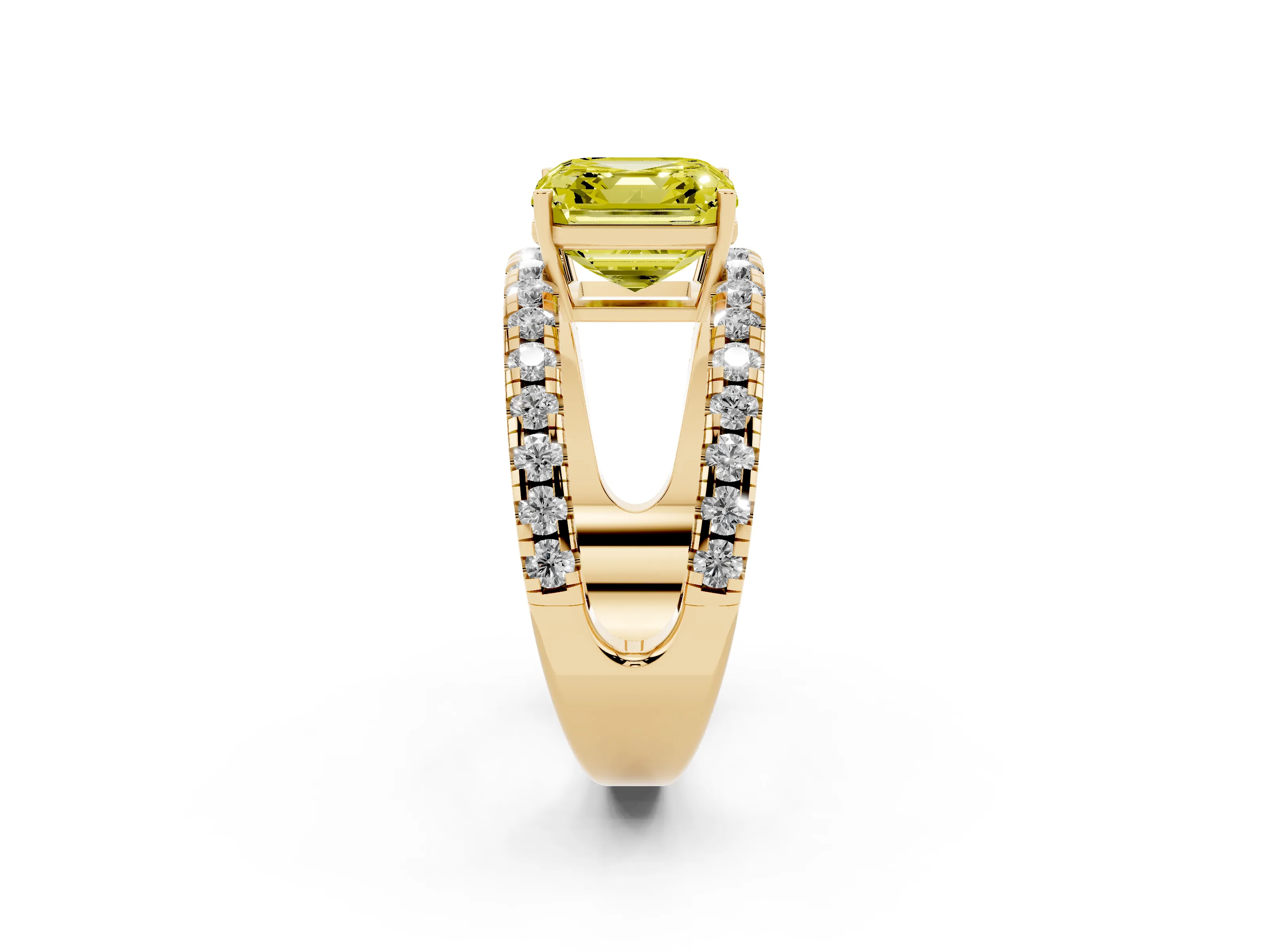Fancy Yellow Asscher Cut Diamond Split Shank Pavé Solitaire Ring Set in Yellow gold with Open Shank Design