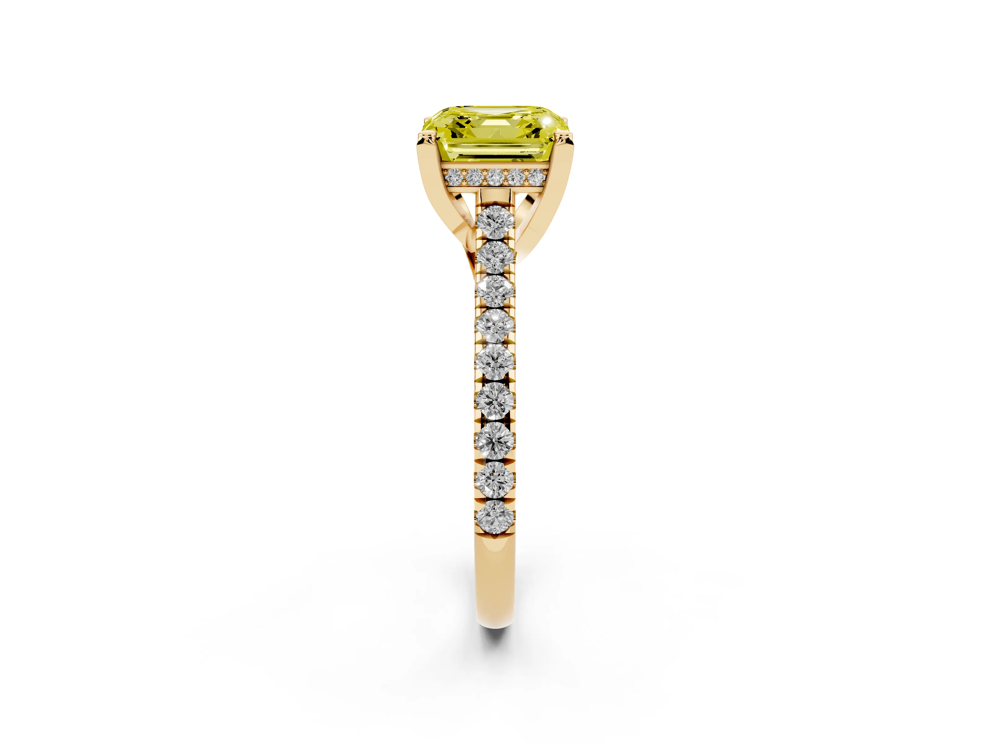 Fancy Yellow Asscher Cut Diamond Solitaire Ring Set in Yellow gold with Brilliant Pavé Band and Prong Setting