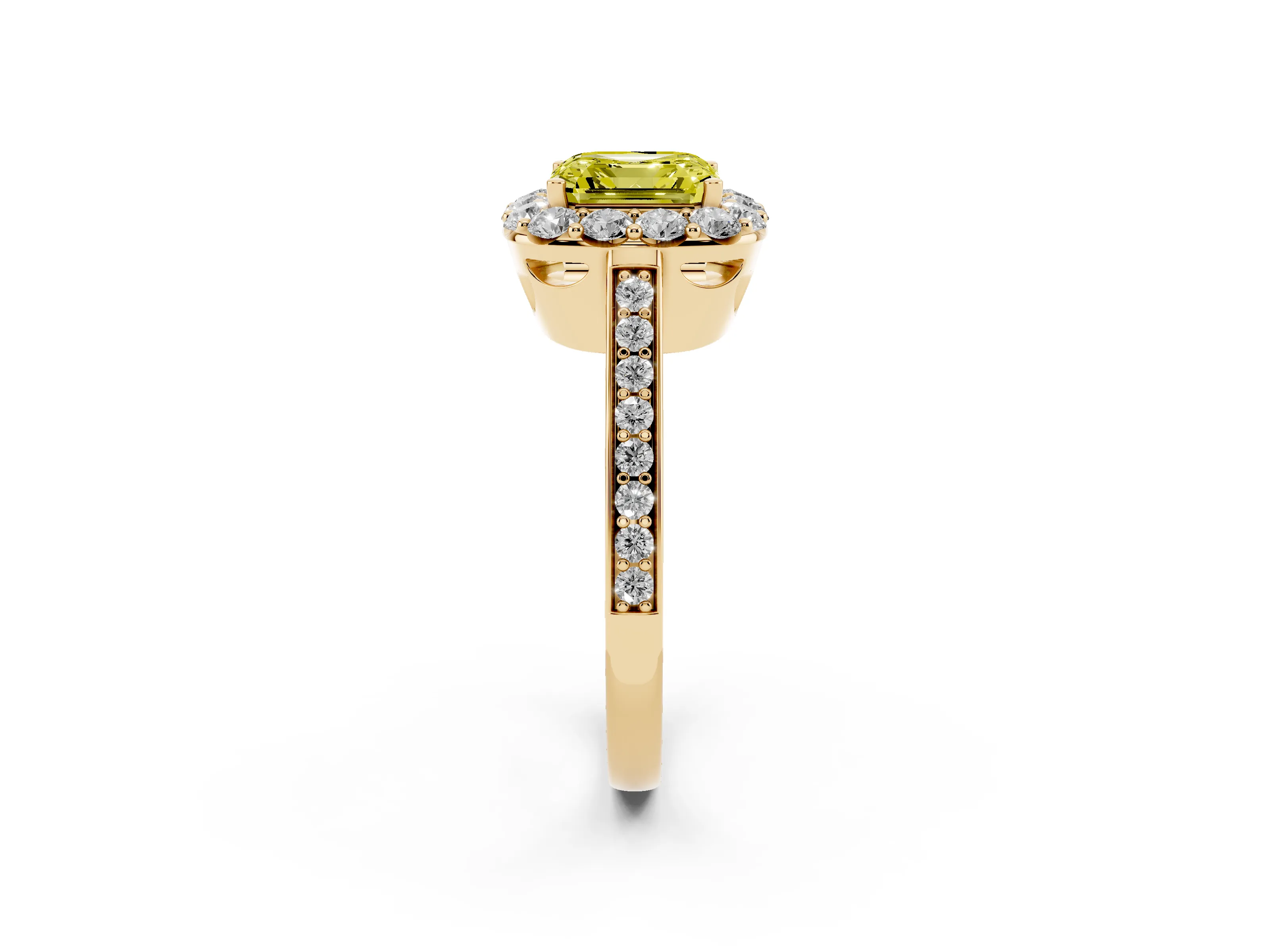Fancy Yellow Asscher Cut Diamond Floral Halo Ring Set in Yellow gold with Pavé Band and Prong Setting
