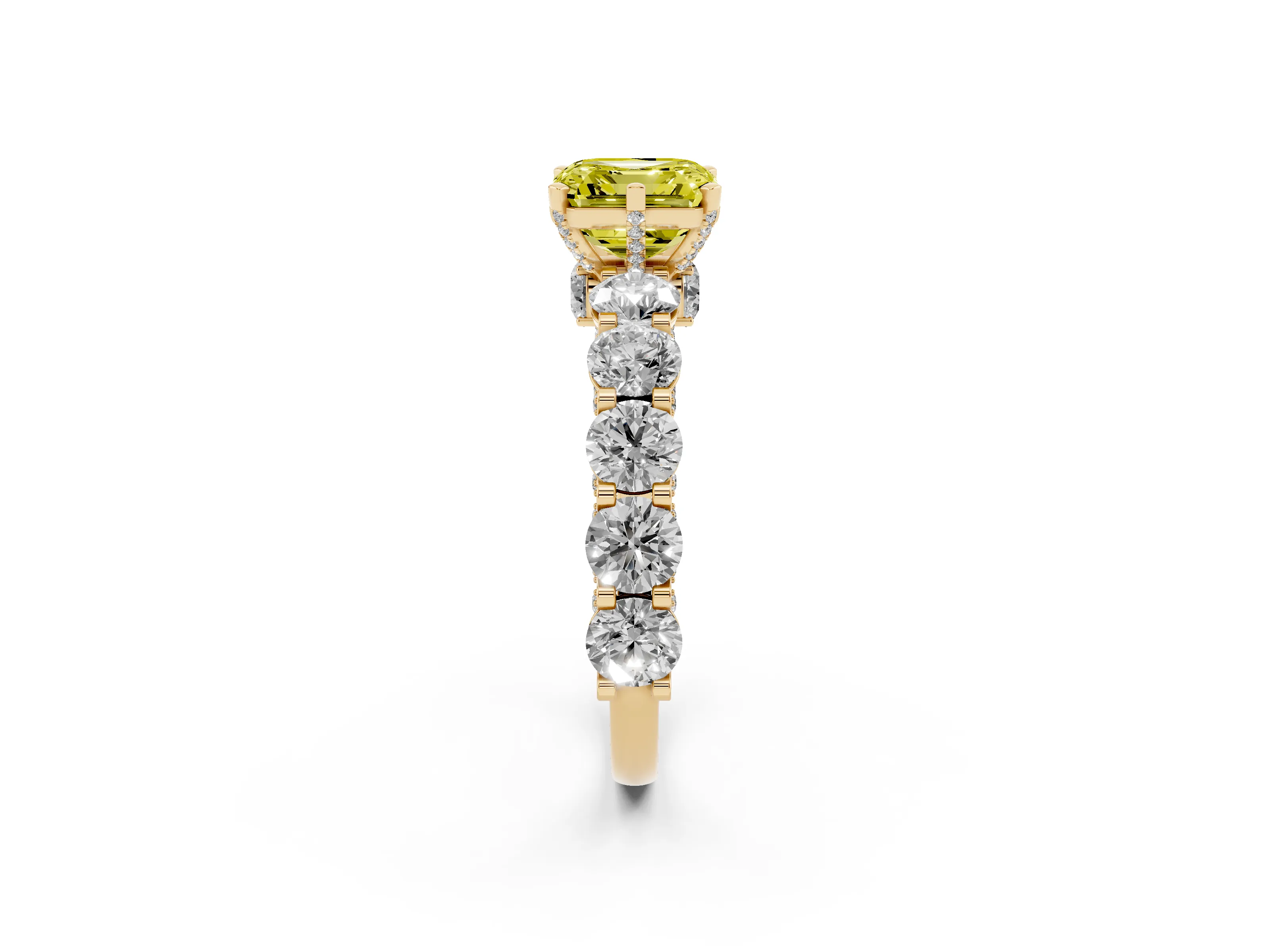 Fancy Yellow Asscher Cut Diamond Side Stone Ring Set in Yellow gold with Alternating Round and Oval Side Stones