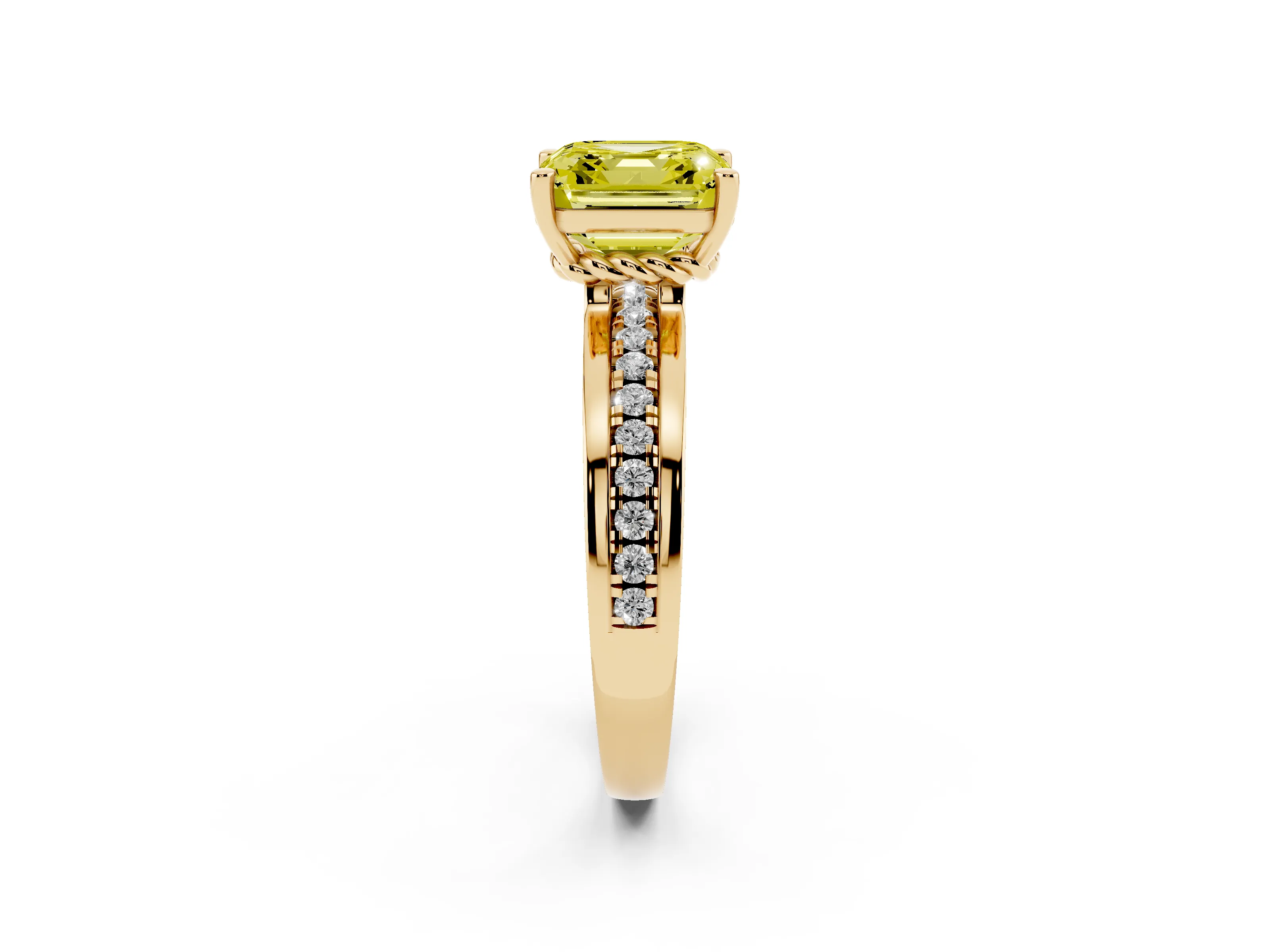 Fancy Yellow Asscher Cut Diamond Solitaire Ring Set in Yellow gold with Channel Set Band and Prong Setting
