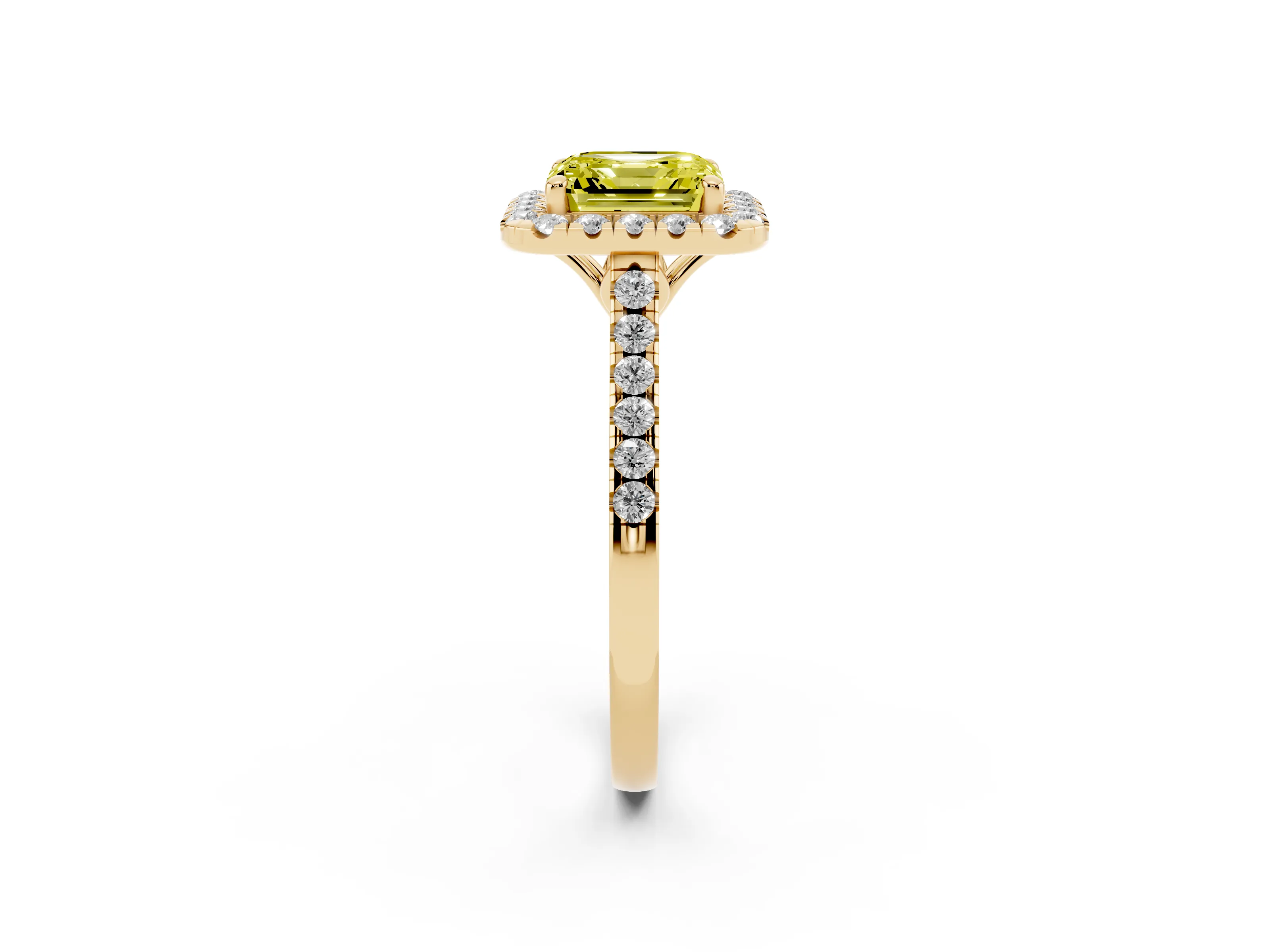 Fancy Yellow Asscher Cut Diamond Pavé Halo Engagement Ring Set in Yellow gold with Pavé Band and Prong Setting
