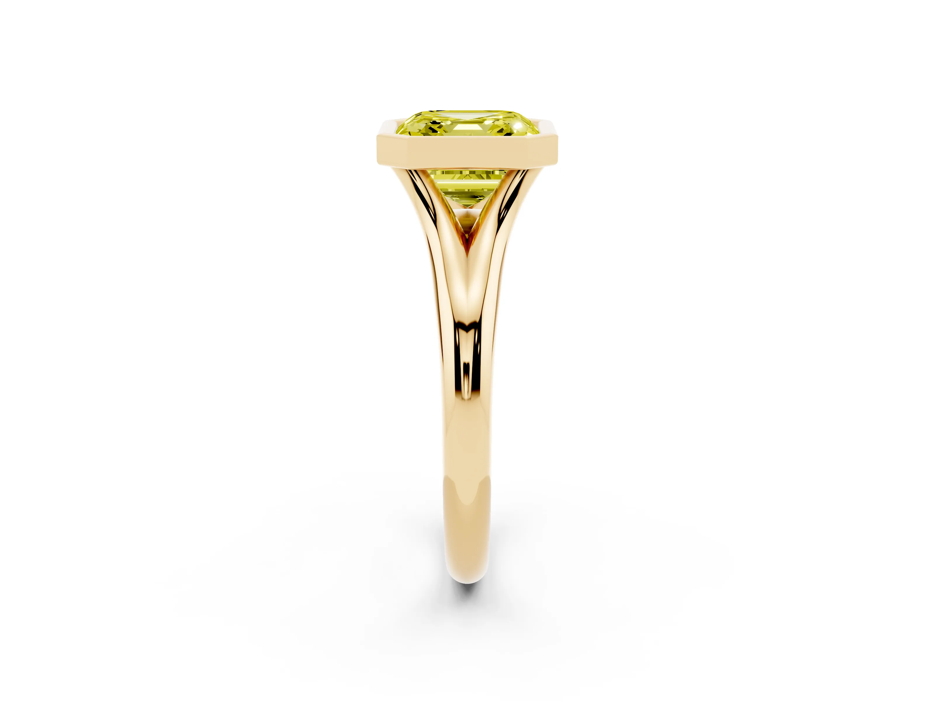 Fancy Yellow Bezel Set Asscher Cut Diamond Solitaire Ring Set in Yellow gold with Smooth Band