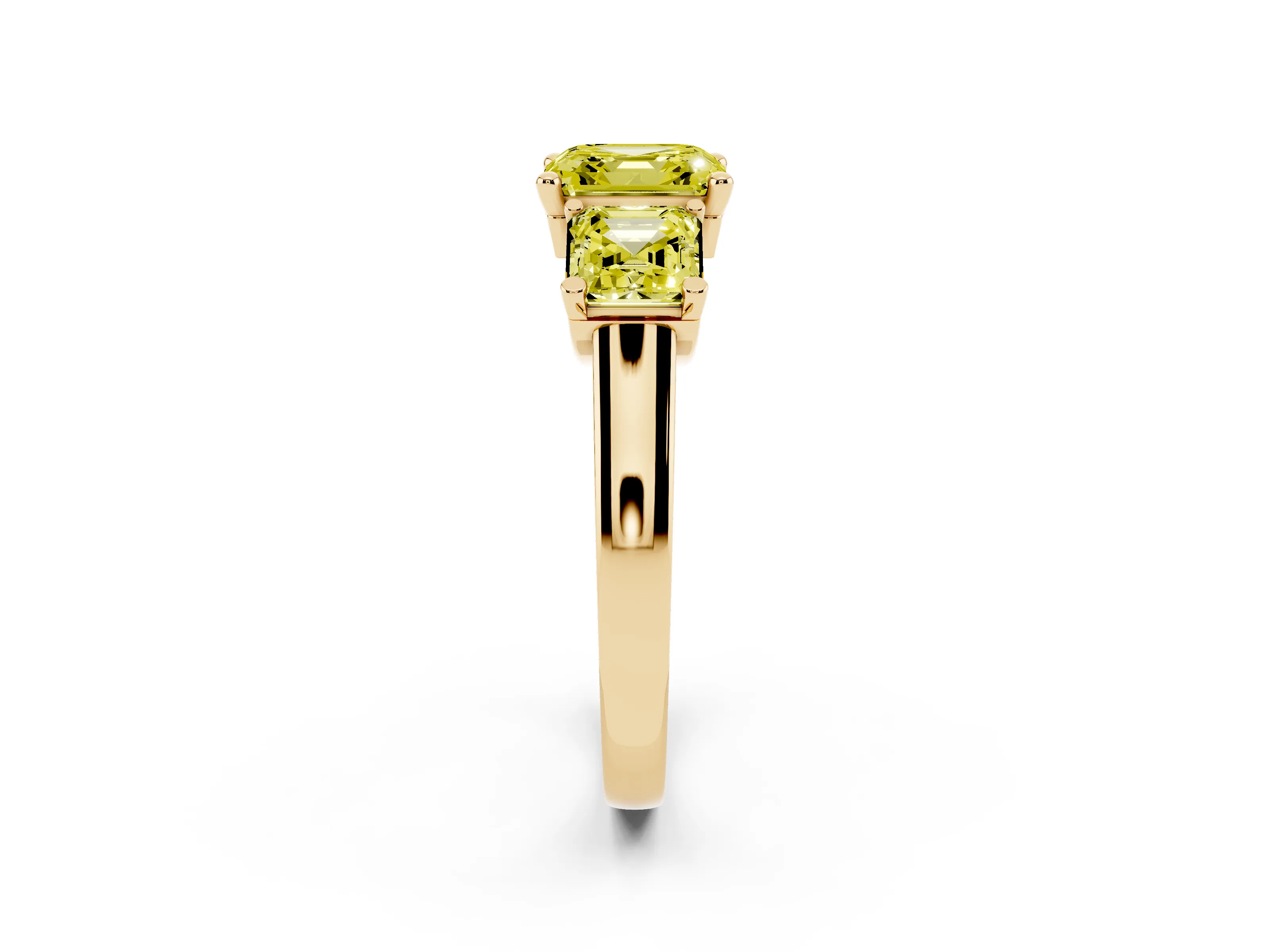 Fancy Yellow Asscher Cut Diamond Three-Stone Trellis Ring Set in Yellow gold with Comfort Fit Band
