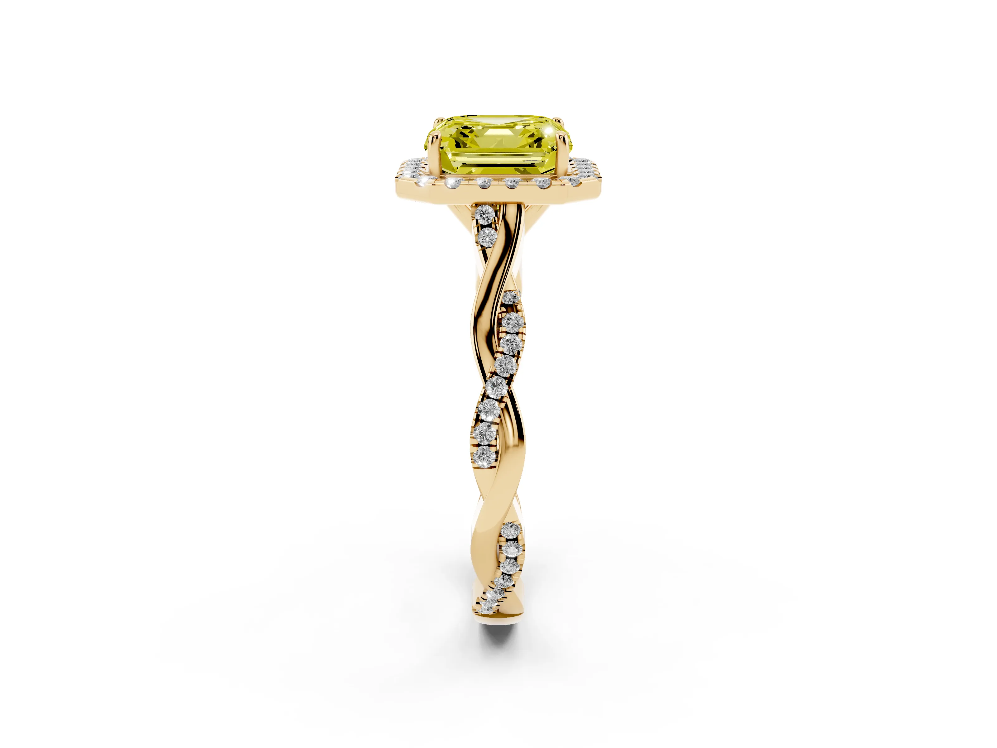 Fancy Yellow Asscher Cut Diamond Halo Twist Band Solitaire Ring Set in Yellow gold with Prong Setting