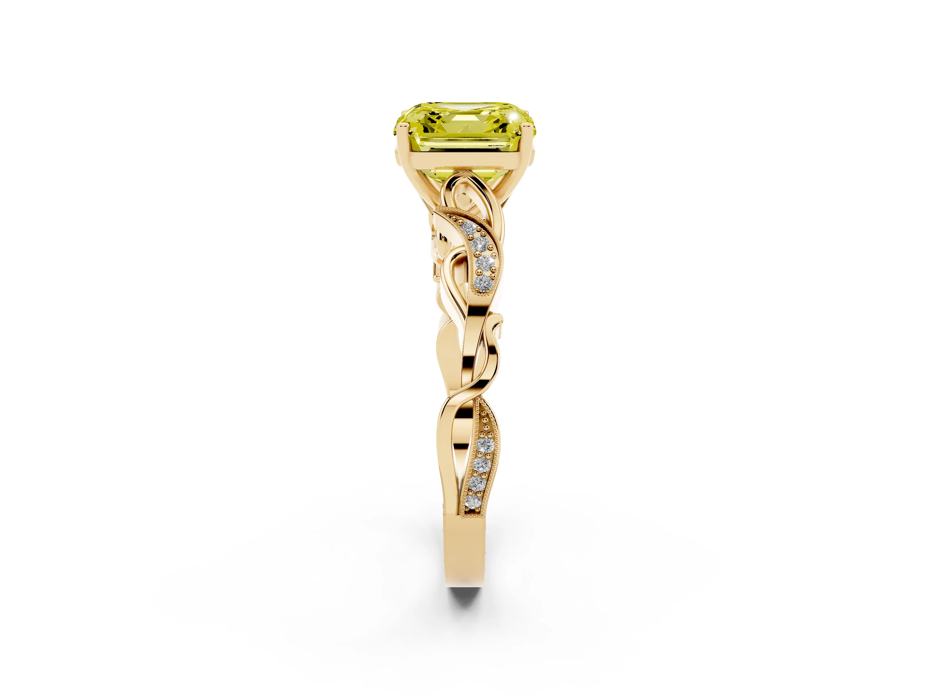 Fancy Yellow Asscher Cut Diamond Vine Band Solitaire Ring Set in Yellow gold with Milgrain Prong Setting