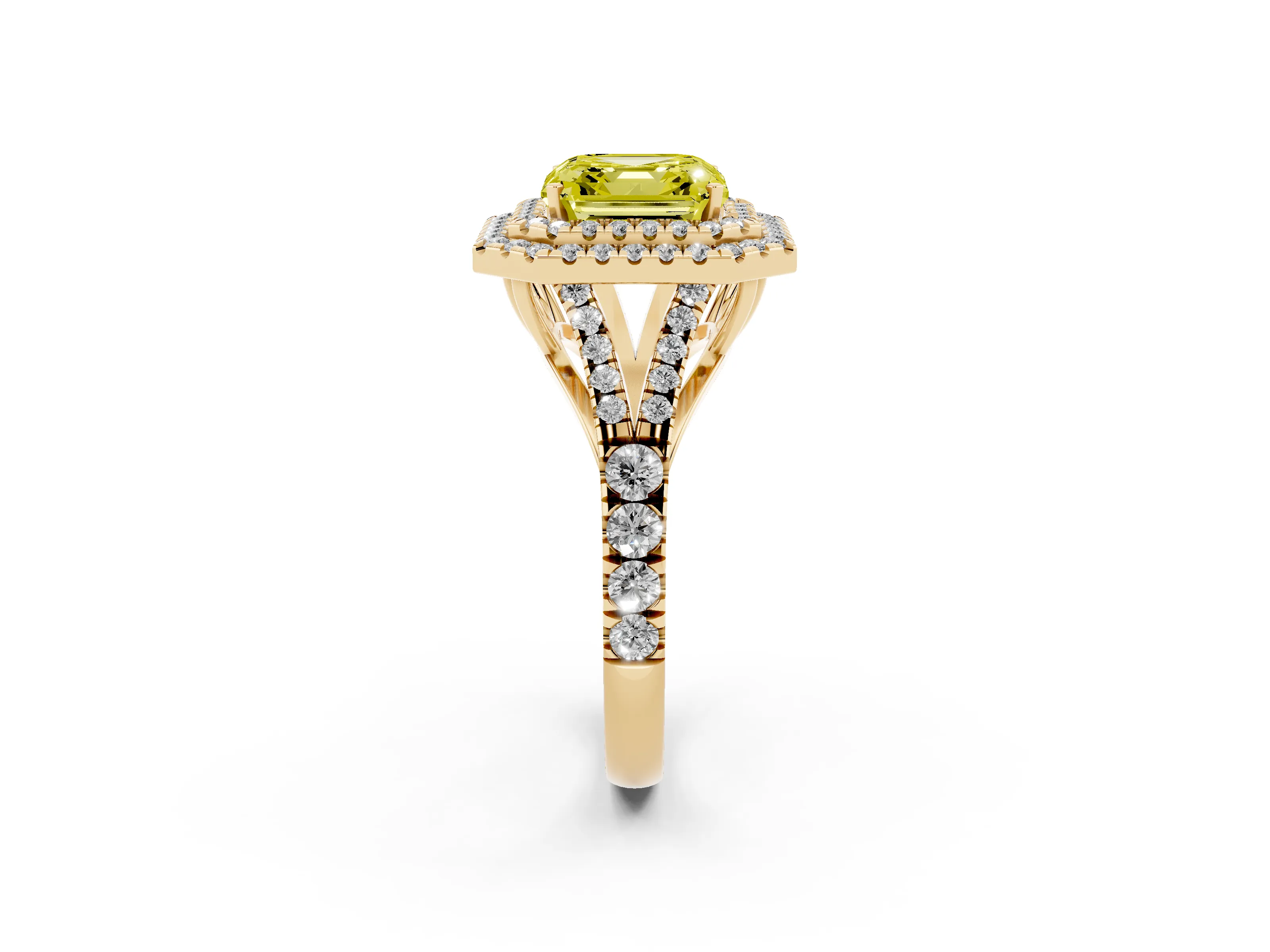 Fancy Yellow Asscher Cut Diamond Pavé Split Shank Double Halo Engagement Ring Set in Yellow gold