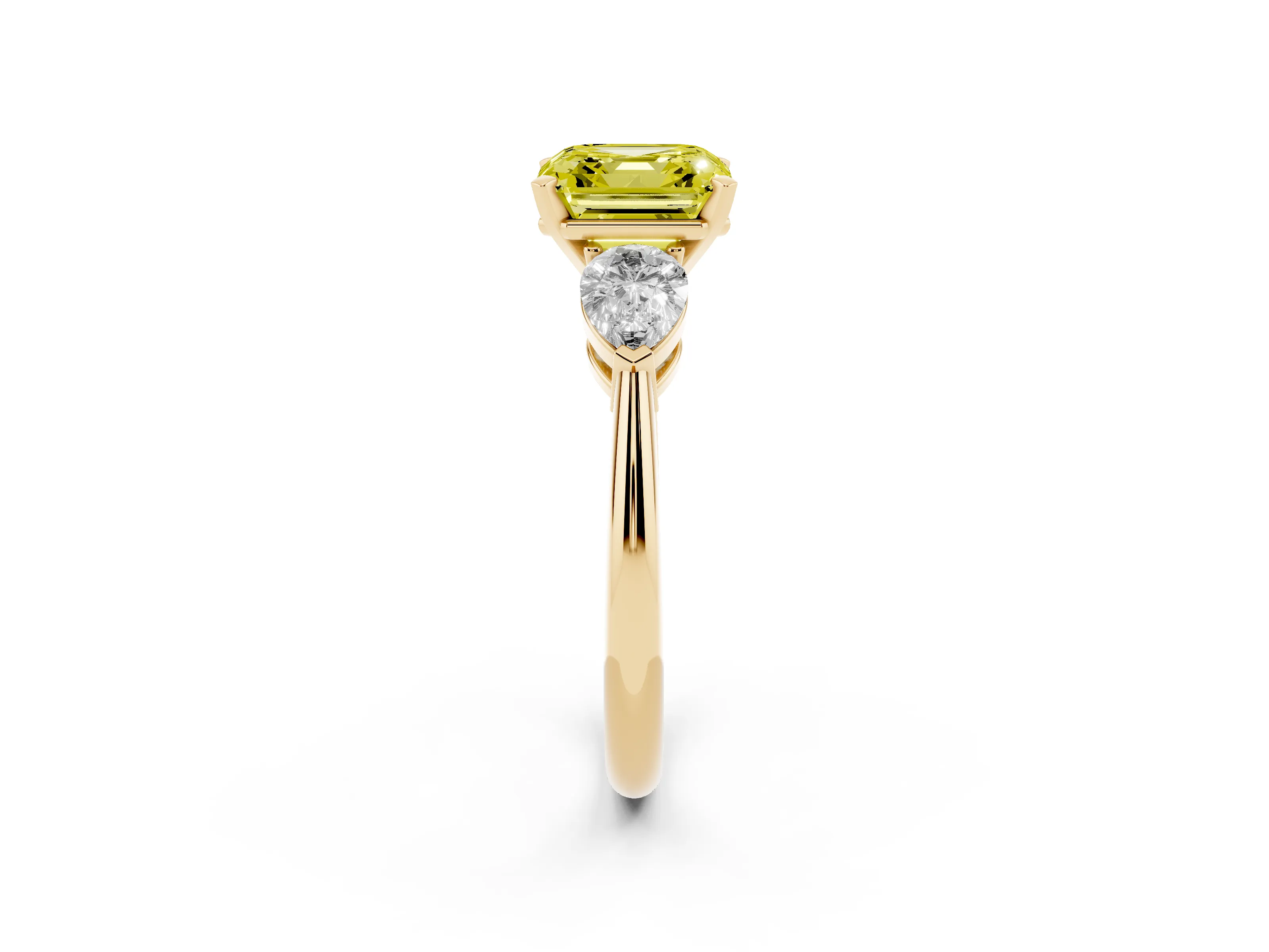 Fancy Yellow Three-Stone Asscher Cut Diamond Ring Set in Yellow gold with Pear Side Stones and Prong Setting