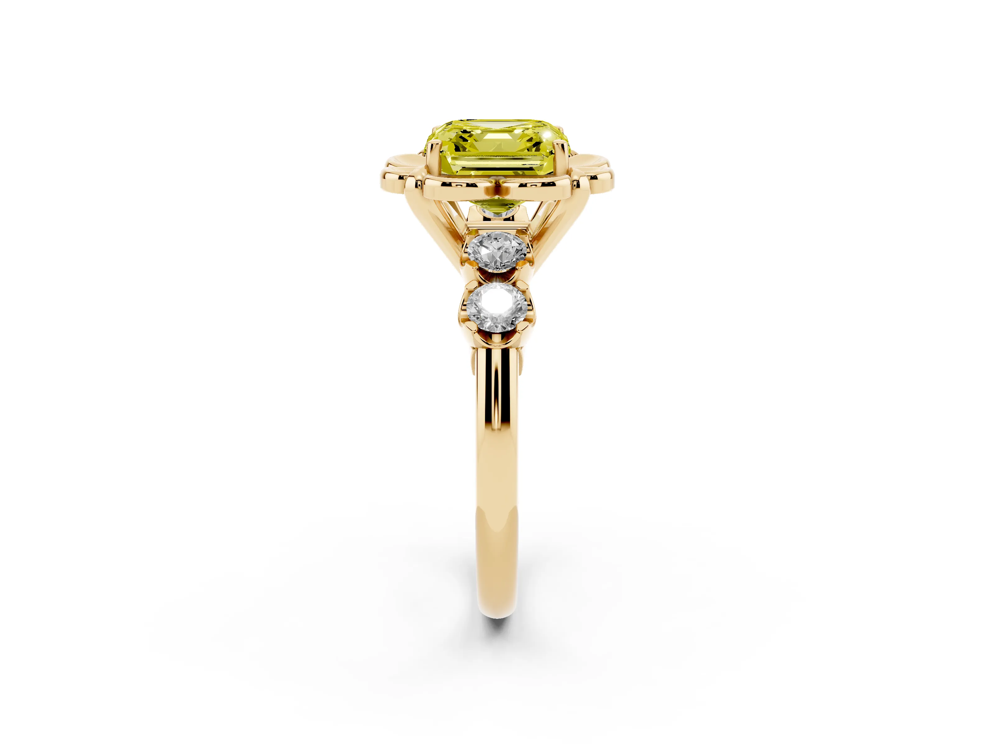 Fancy Yellow Asscher Cut Diamond Floral Halo Ring Set in Yellow gold with Shared Prong Band