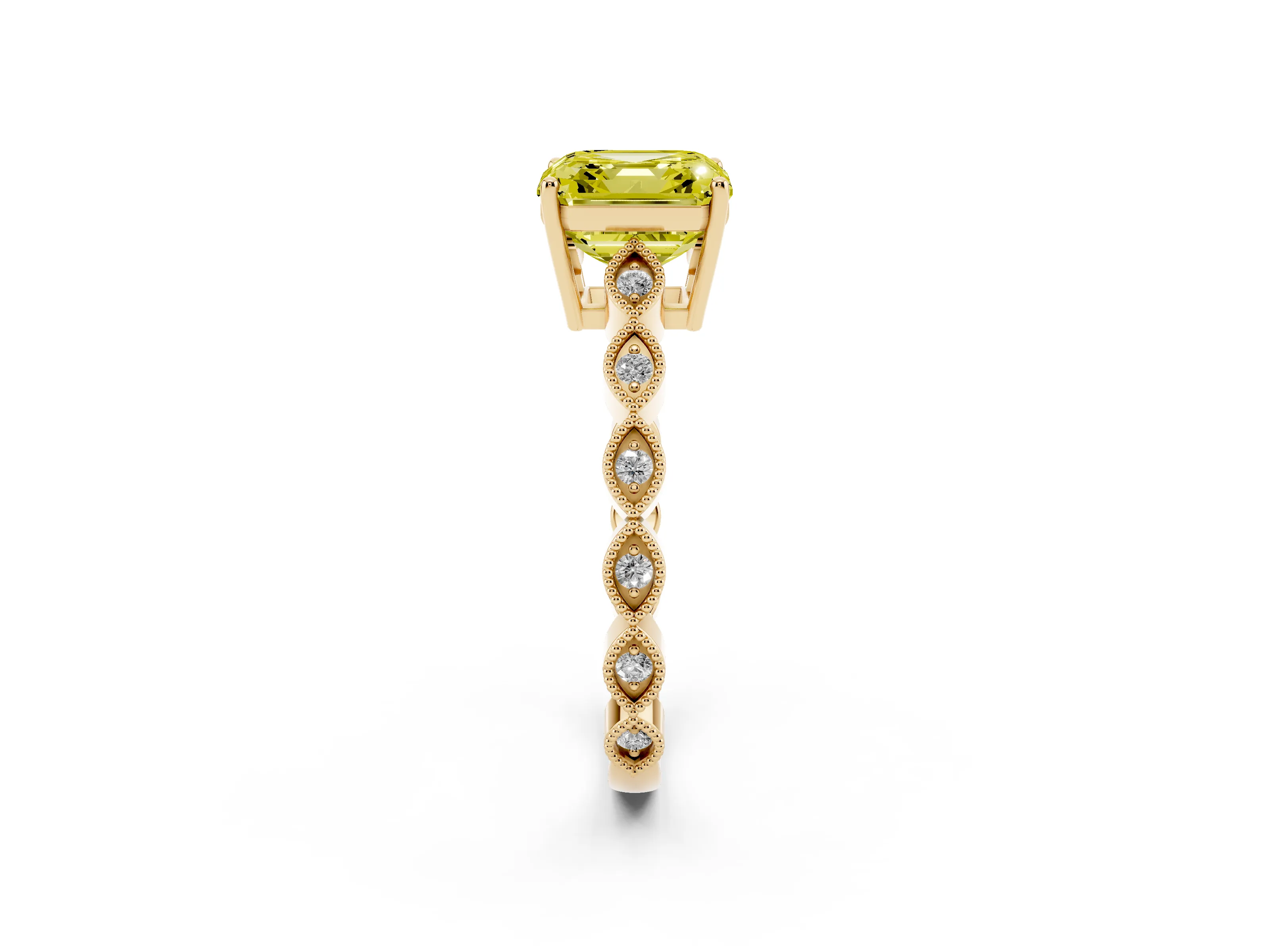 Fancy Yellow Asscher Cut Diamond Solitaire Ring Set in Yellow gold with Infinity Twist Pavé Band