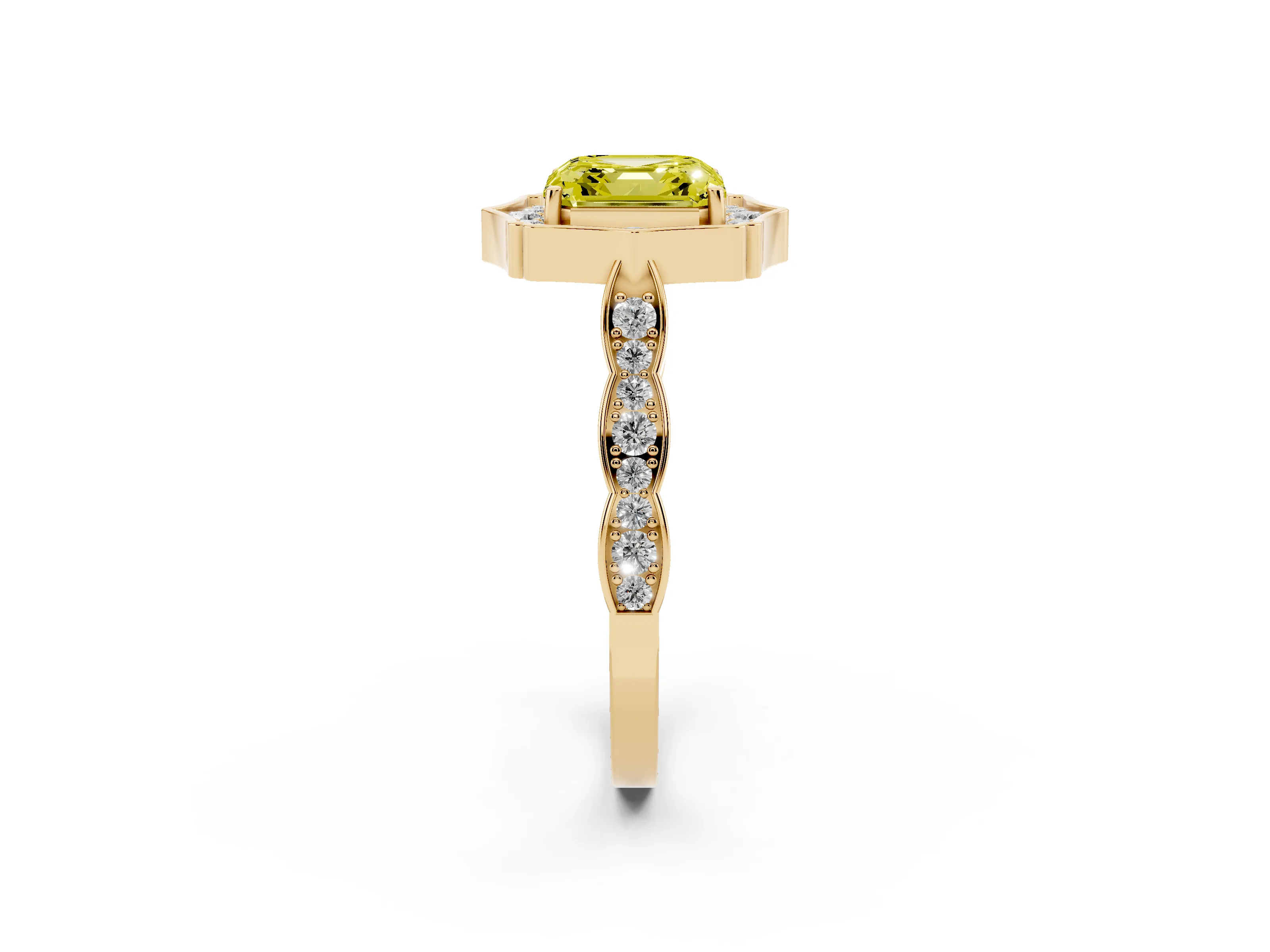 Fancy Yellow Asscher Cut Diamond Halo Engagement Ring Set in Yellow gold with Milgrain Band and Prong Setting