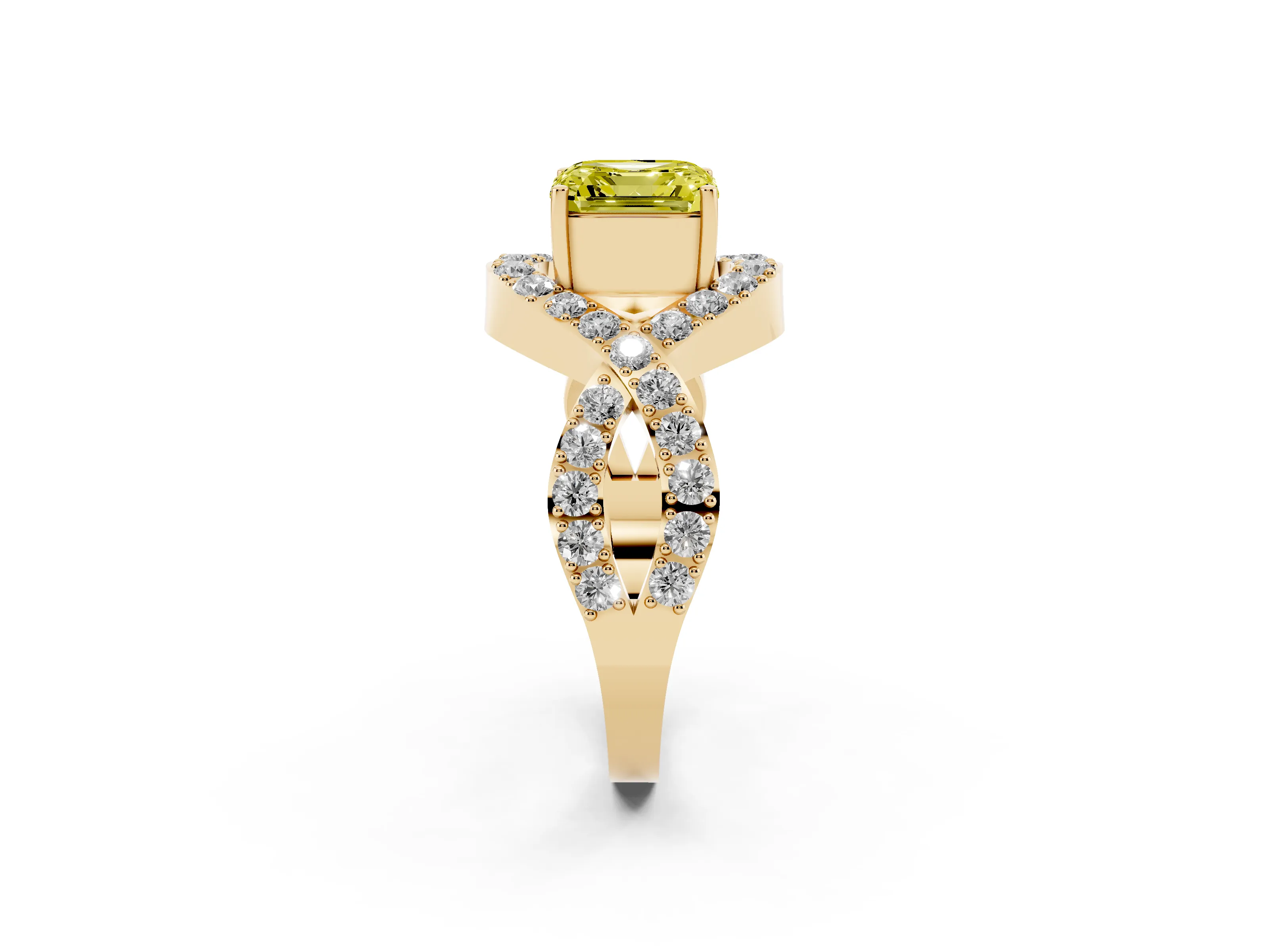 Fancy Yellow Asscher Cut Diamond Solitaire Twist Band Pavé Engagement Ring Set in Yellow gold