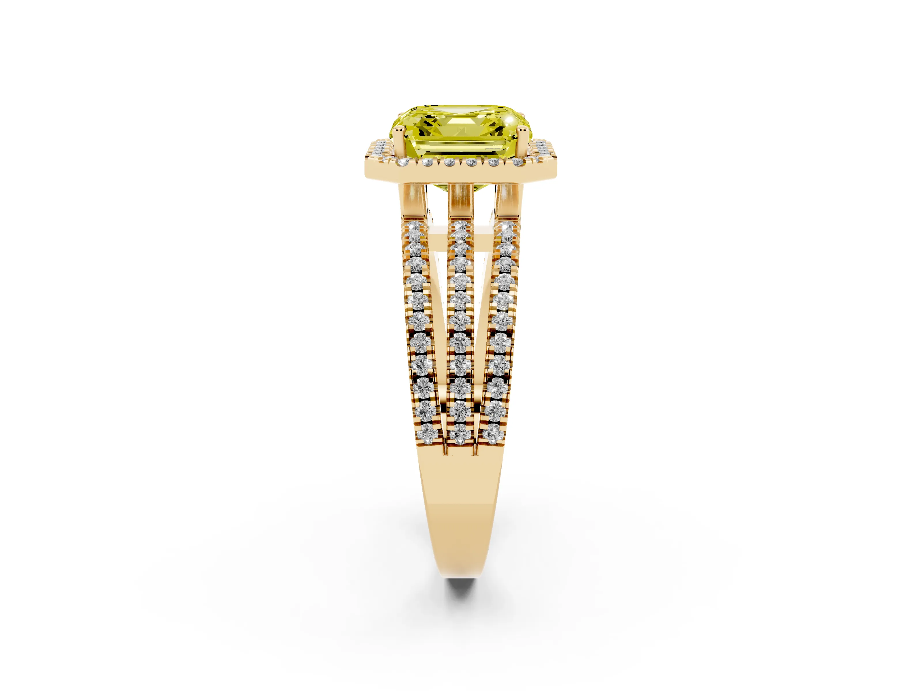 Fancy Yellow Asscher Cut Diamond Halo Split Shank Engagement Ring Set in Yellow gold with Prong Setting