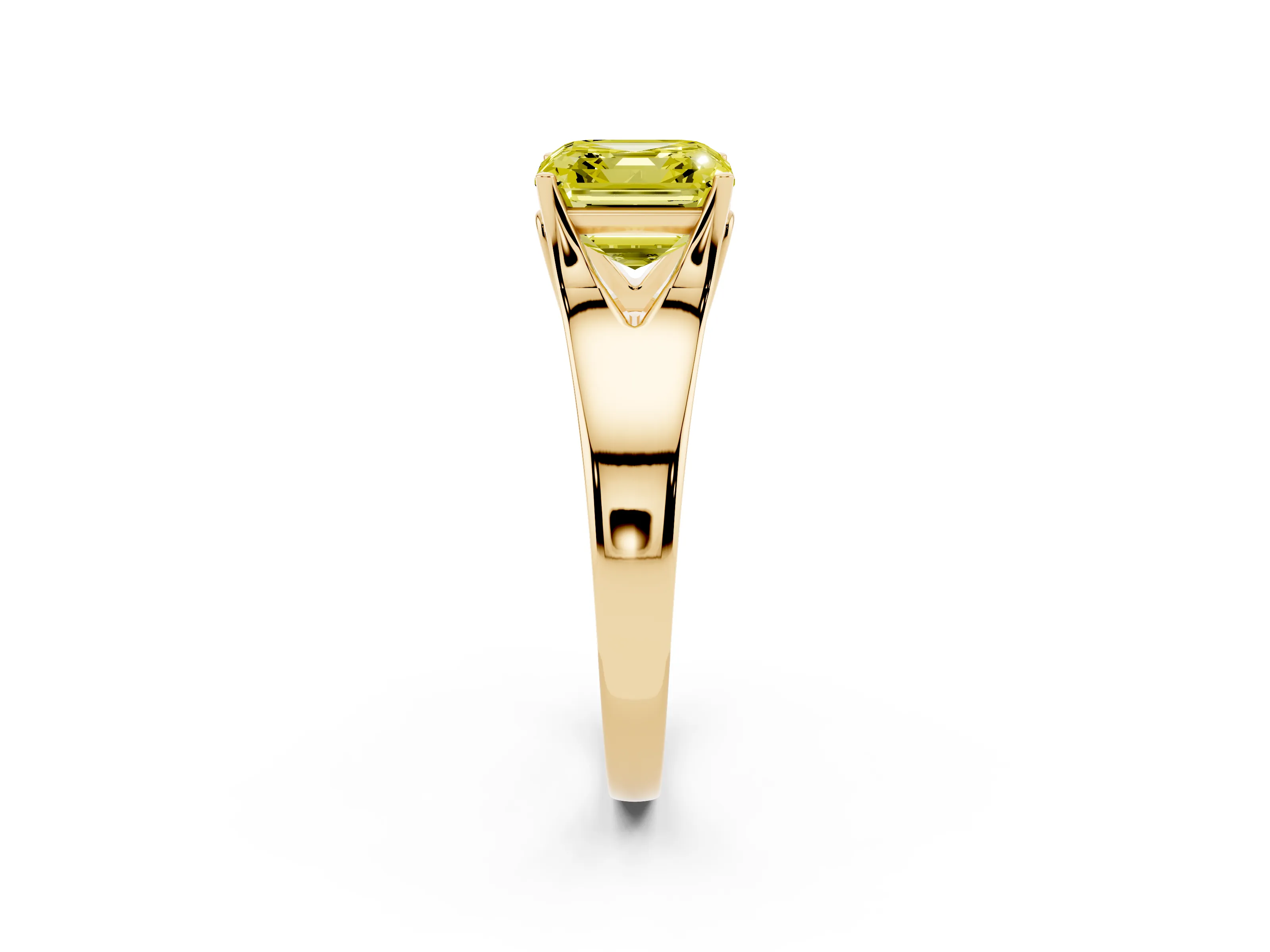 Fancy Yellow Asscher Cut Diamond Solitaire Ring Set in Yellow gold with Arched Cathedral Band and Prong Setting