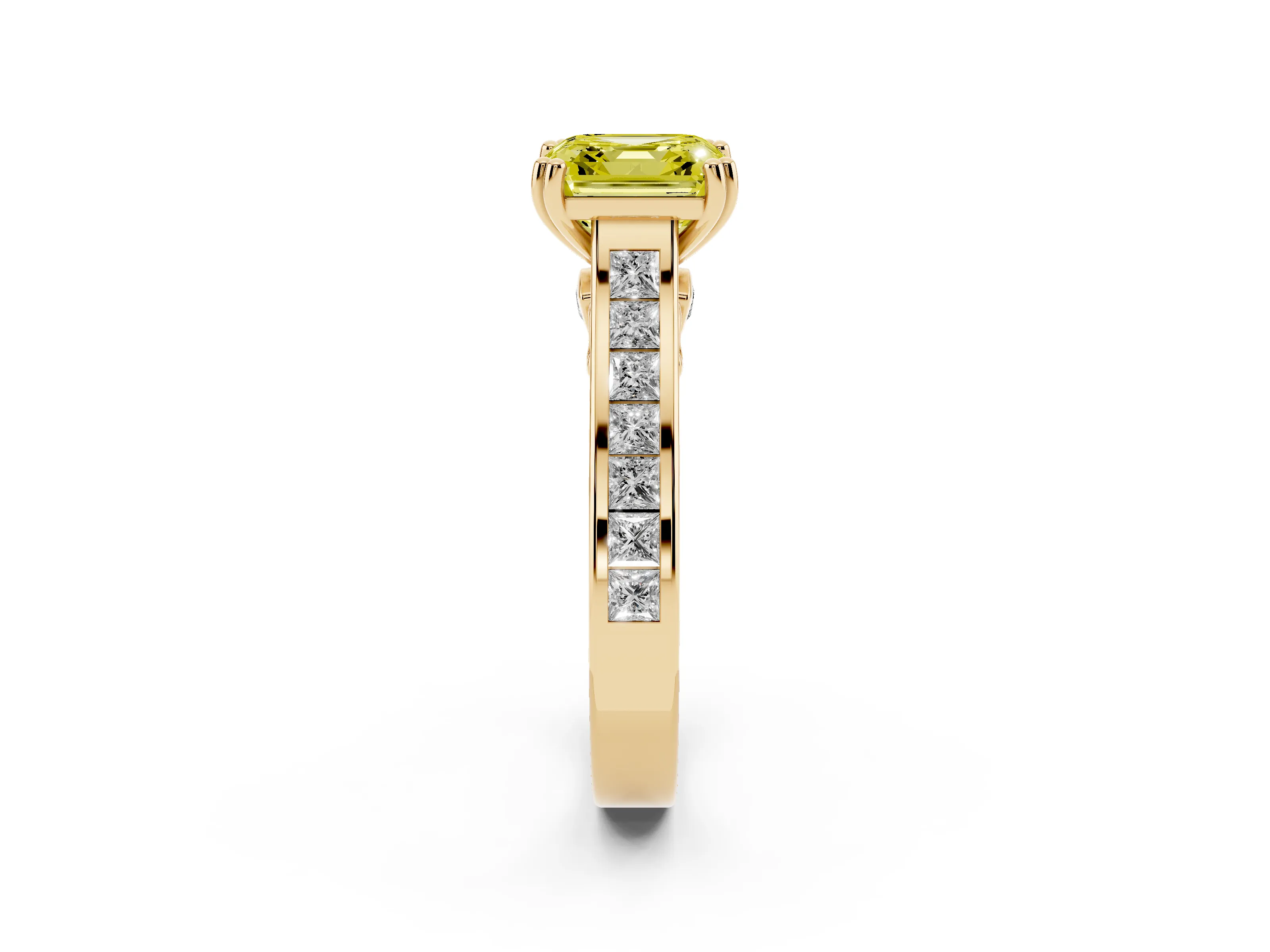 Fancy Yellow Asscher Cut Diamond Channel Set Solitaire Engagement Ring Set in Yellow gold with Prong Setting