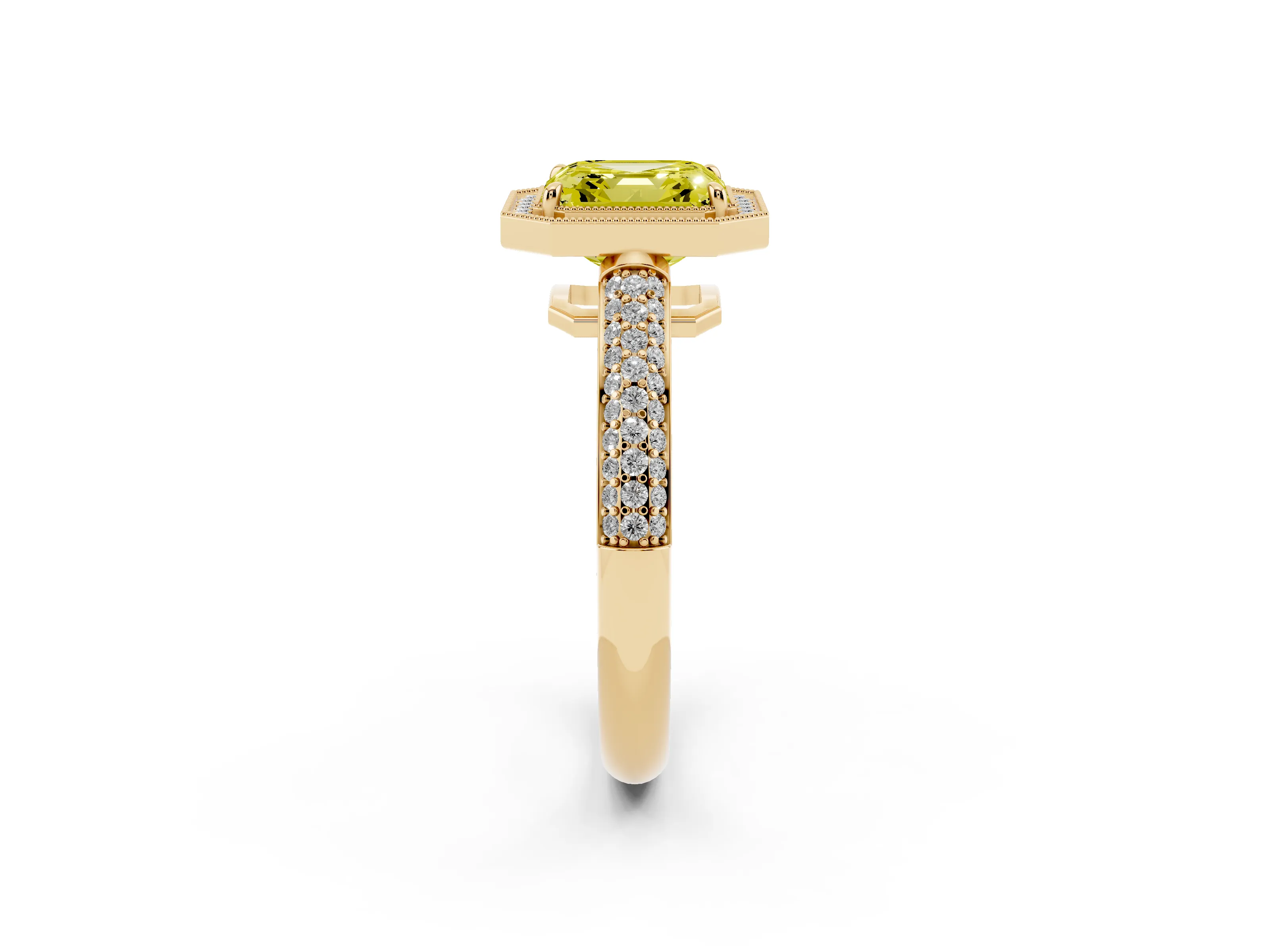 Fancy Yellow Asscher Cut Diamond Halo Pavé Band Set in Yellow gold with Prong Setting