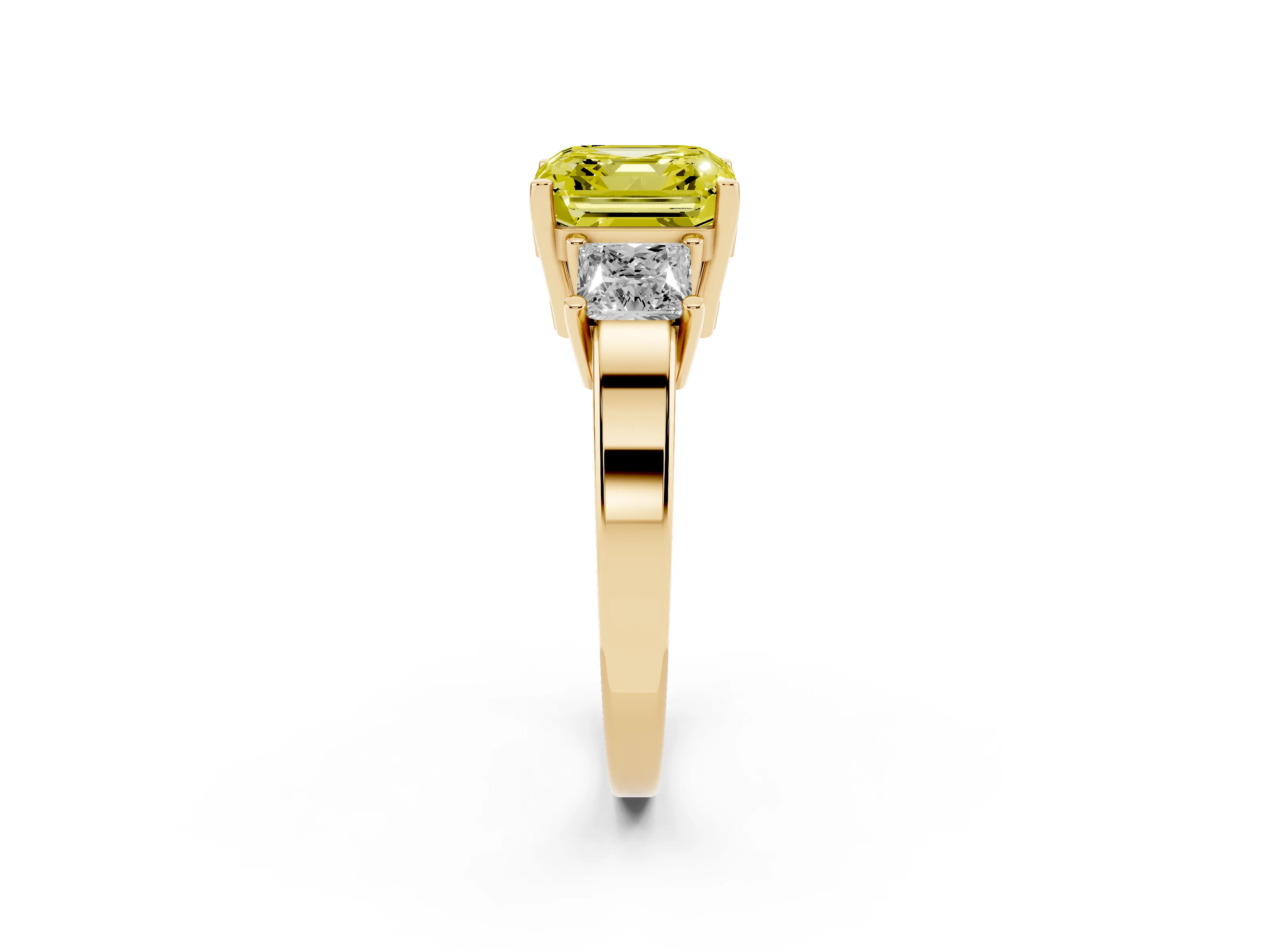 Fancy Yellow Three-Stone Asscher Cut Diamond Solitaire Ring Set in Yellow gold with Prong Setting