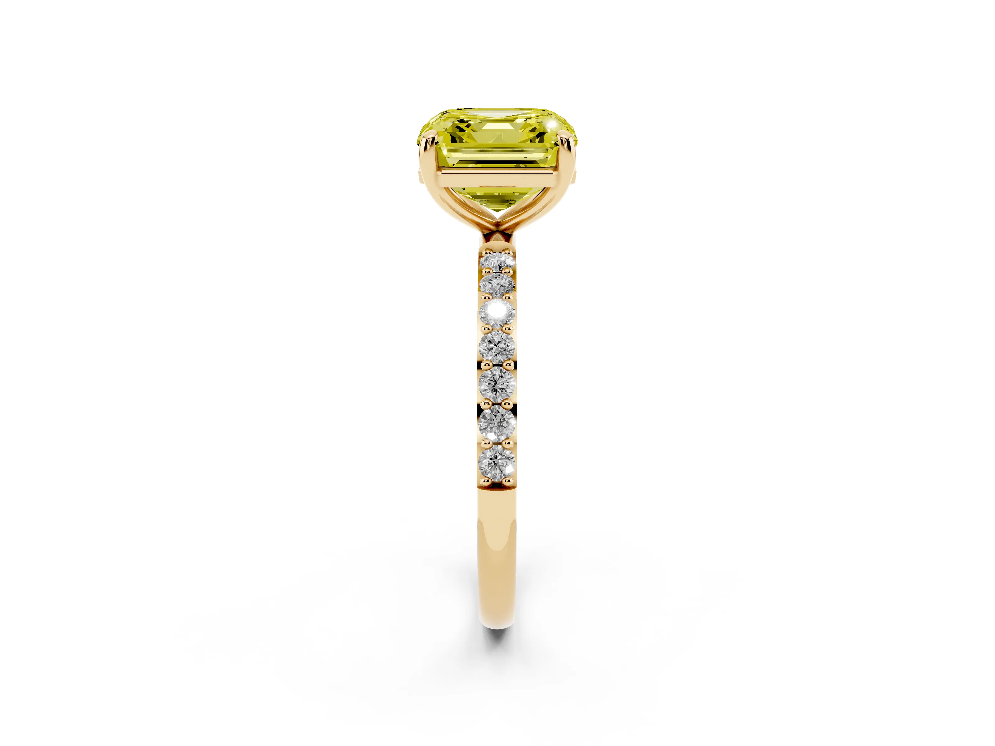 Fancy Yellow Asscher Cut Diamond Solitaire Ring Set in Yellow gold with Round Pavé Band and Prong Setting