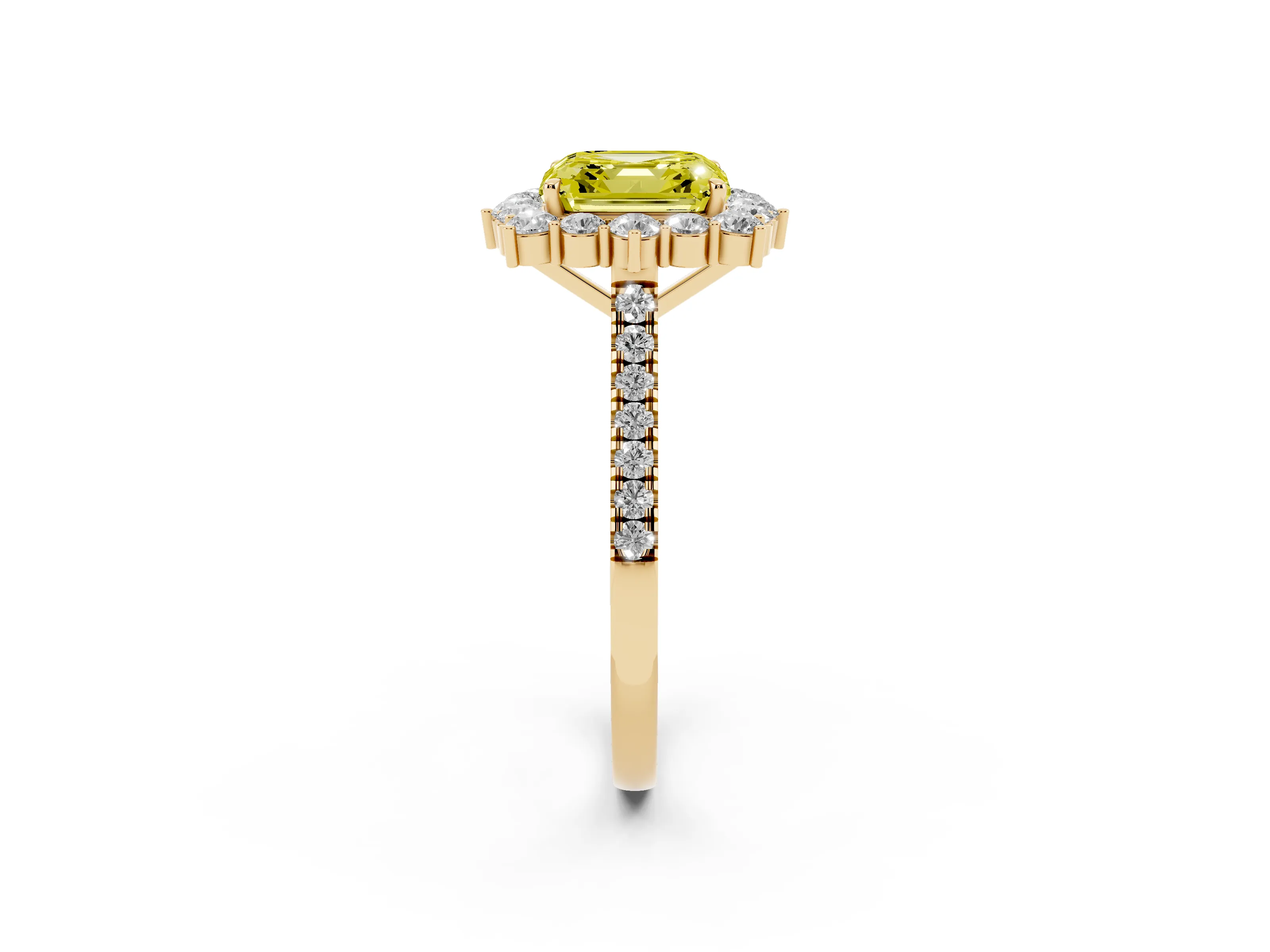 Fancy Yellow Asscher Cut Diamond Halo Ring Set in Yellow gold with Pavé Band and Prong Setting