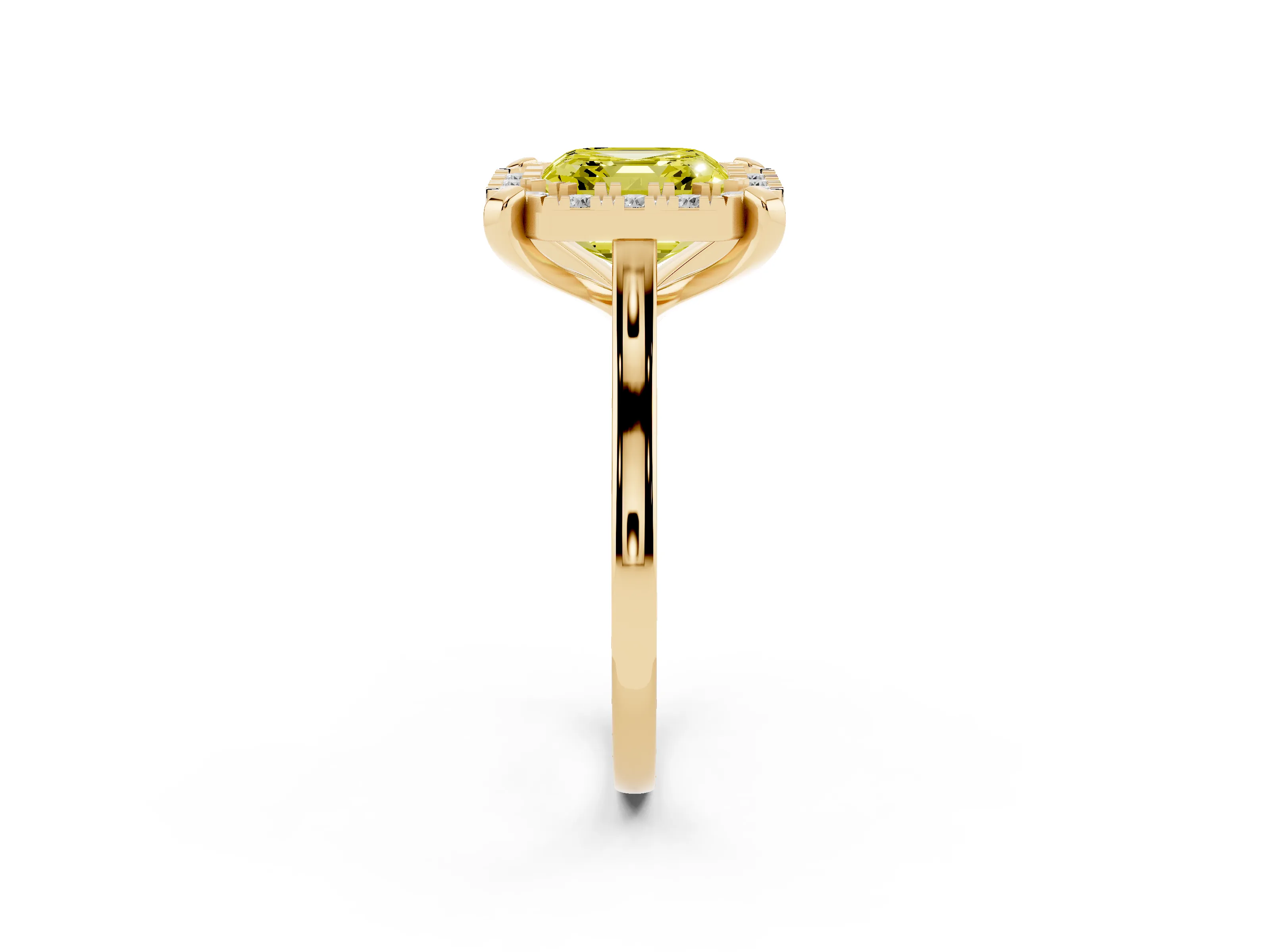 Fancy Yellow Asscher Cut Diamond Cluster Halo Solitaire Ring Set in Yellow gold with Prong Setting