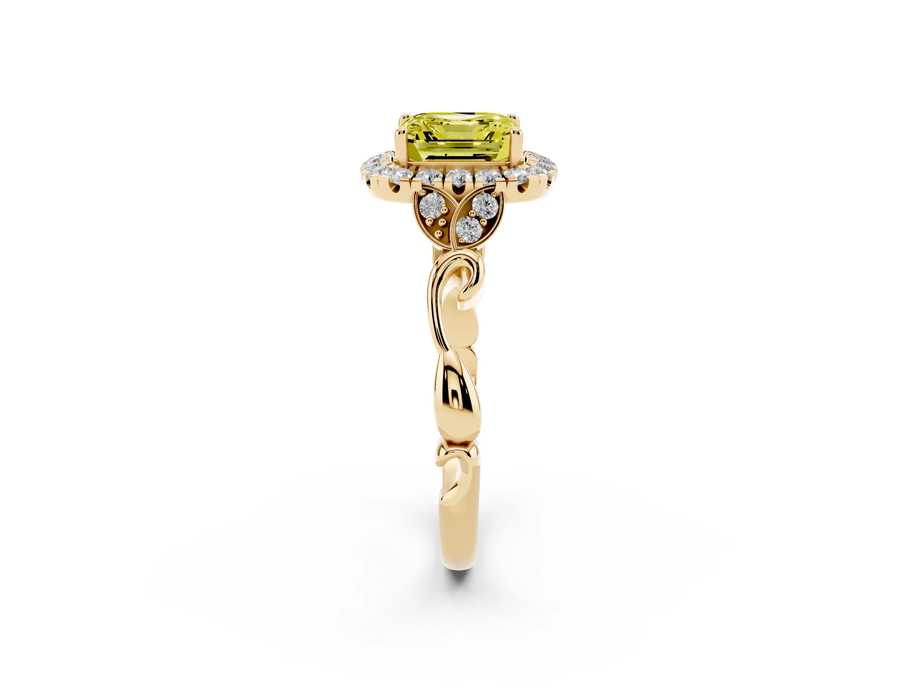 Fancy Yellow Asscher Cut Diamond Halo Engagement Ring Set in Yellow gold with Vintage-Inspired Band and Prong Setting