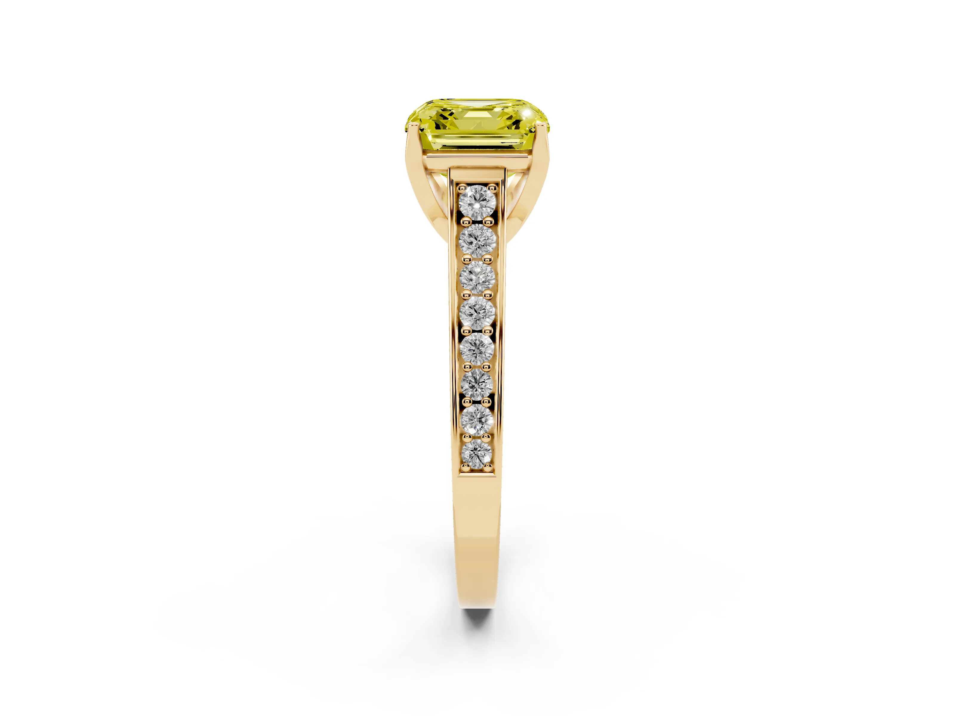 Fancy Yellow Asscher Cut Diamond Solitaire Pavé Engagement Ring Set in Yellow gold with Prong Setting