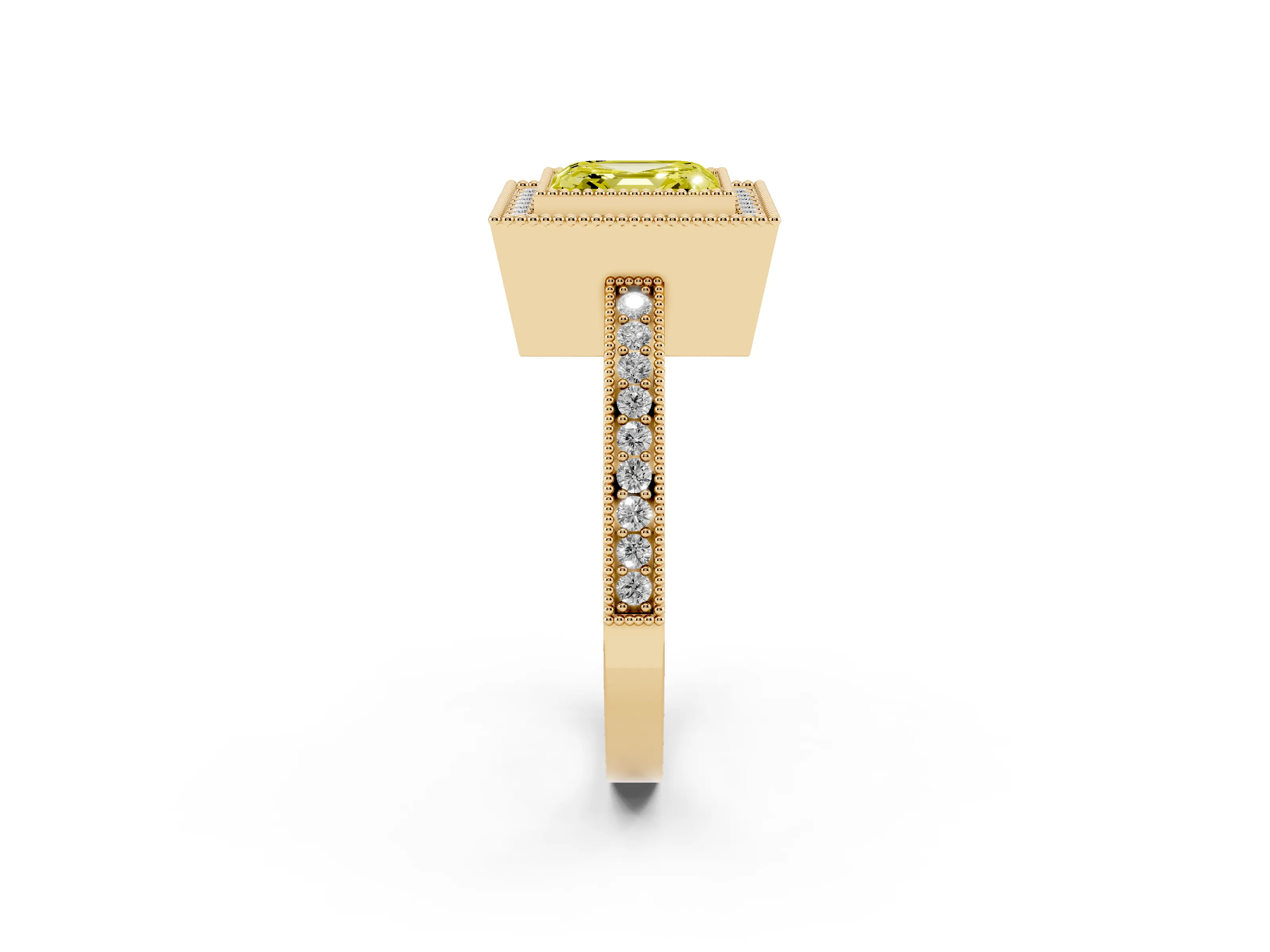 Fancy Yellow Asscher Cut Diamond Round Halo Ring Set in Yellow gold with Pavé Band